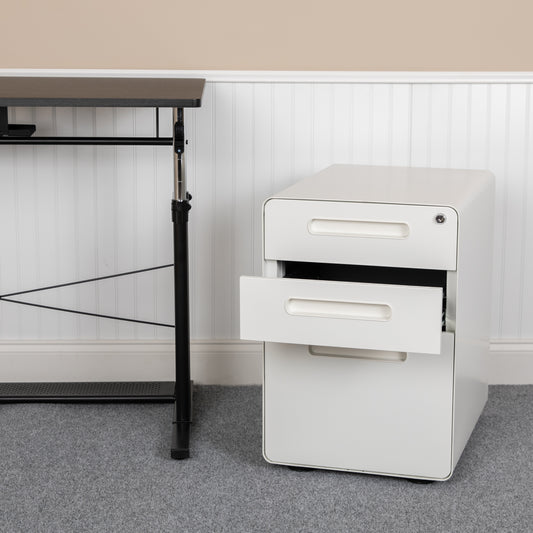 Wren Ergonomic 3-Drawer Mobile Locking Filing Cabinet with Anti-Tilt Mechanism and Hanging Drawer for Legal & Letter Files, White White HZ-AP535-01-W-GG