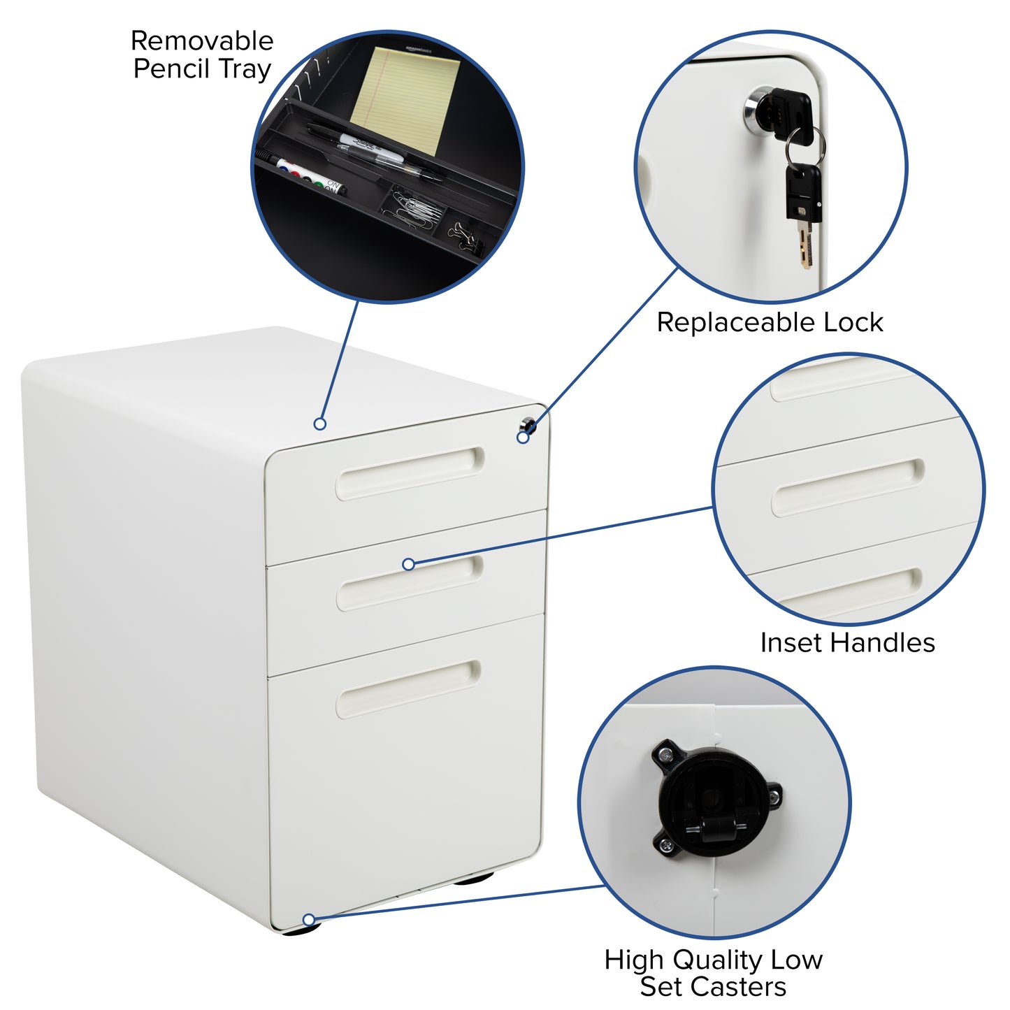 Wren Ergonomic 3-Drawer Mobile Locking Filing Cabinet with Anti-Tilt Mechanism and Hanging Drawer for Legal & Letter Files, White White