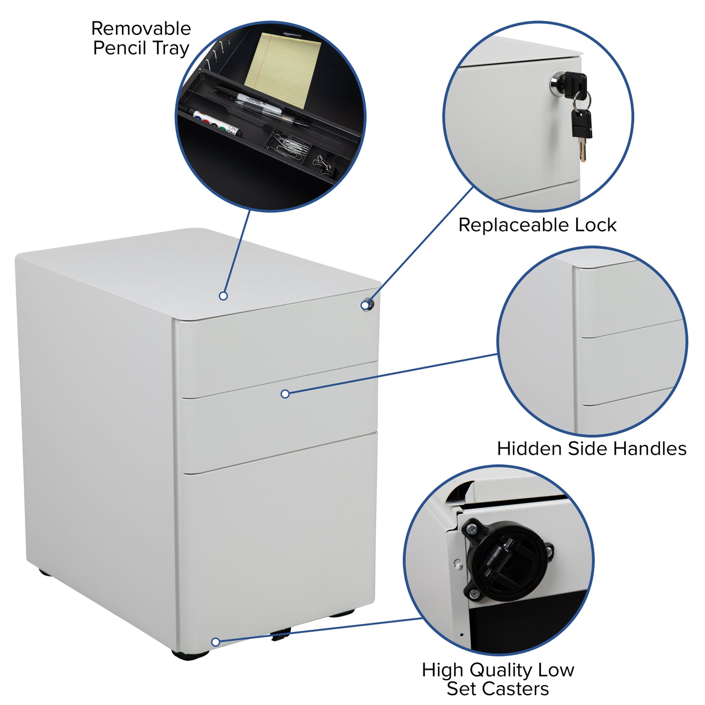 Warner Modern 3-Drawer Mobile Locking Filing Cabinet with Anti-Tilt Mechanism and Hanging Drawer for Legal & Letter Files, White White