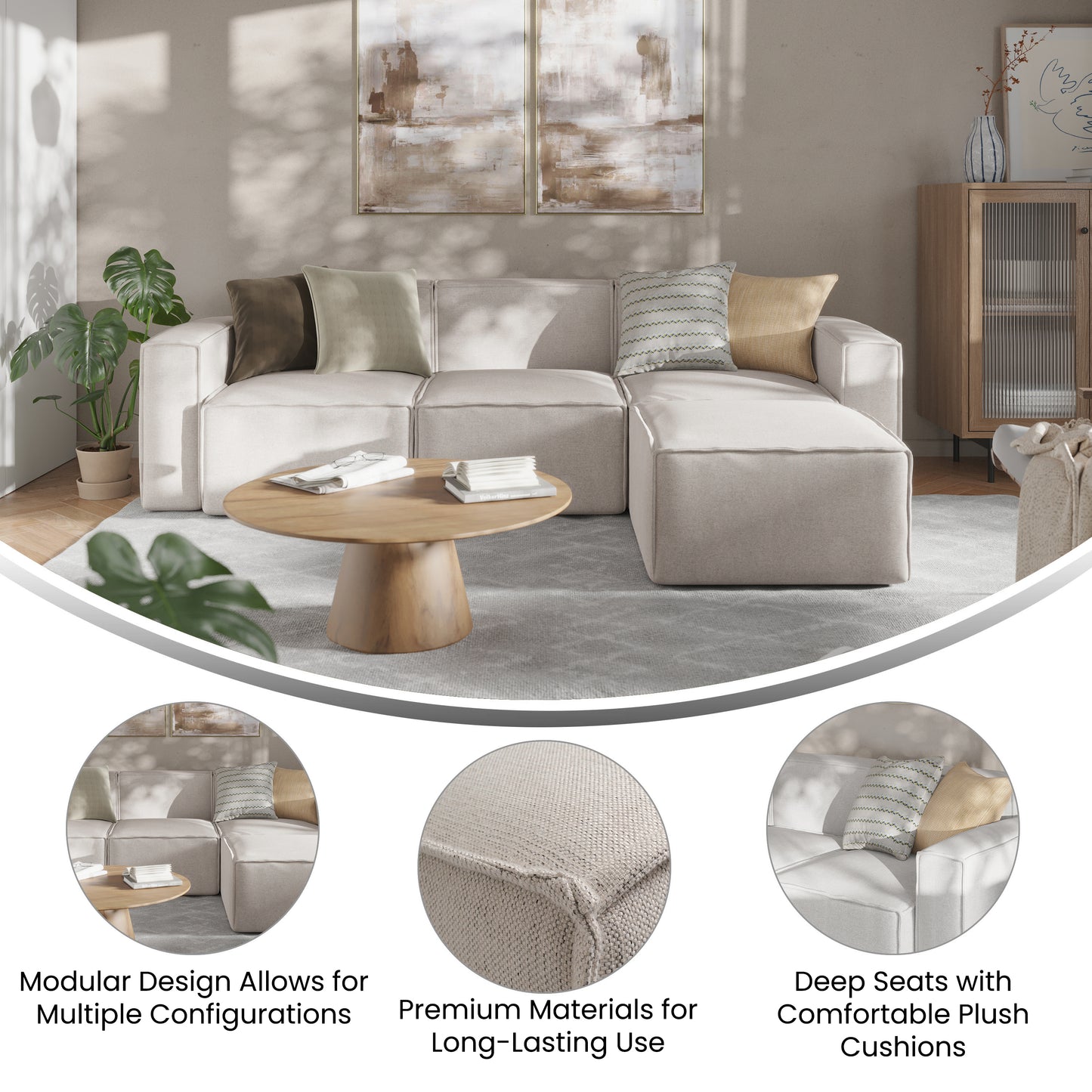 Bridgetown Luxury Modular 4 Piece Sectional Sofa, Cream Cream