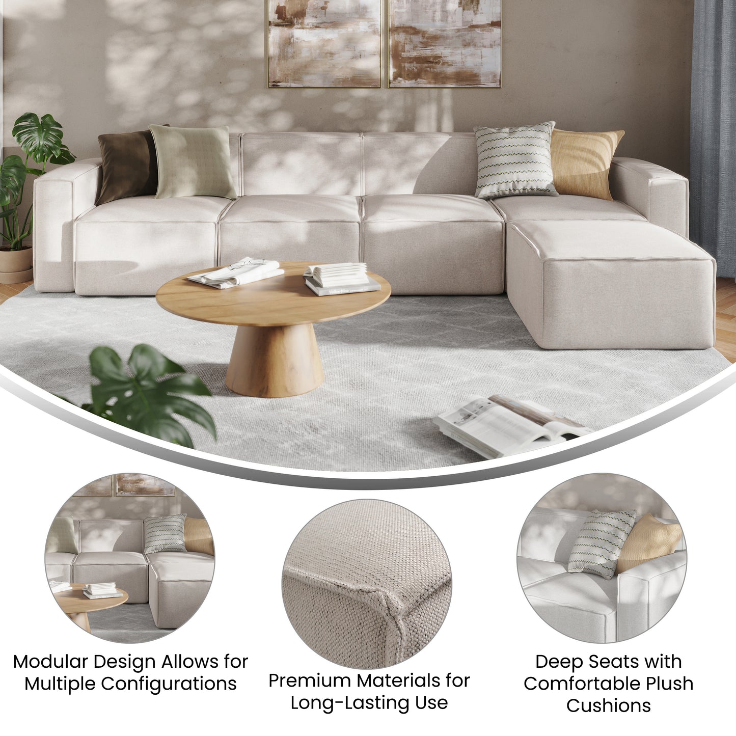 Bridgetown Luxury Modular 5 Piece Sectional Sofa, Cream Cream