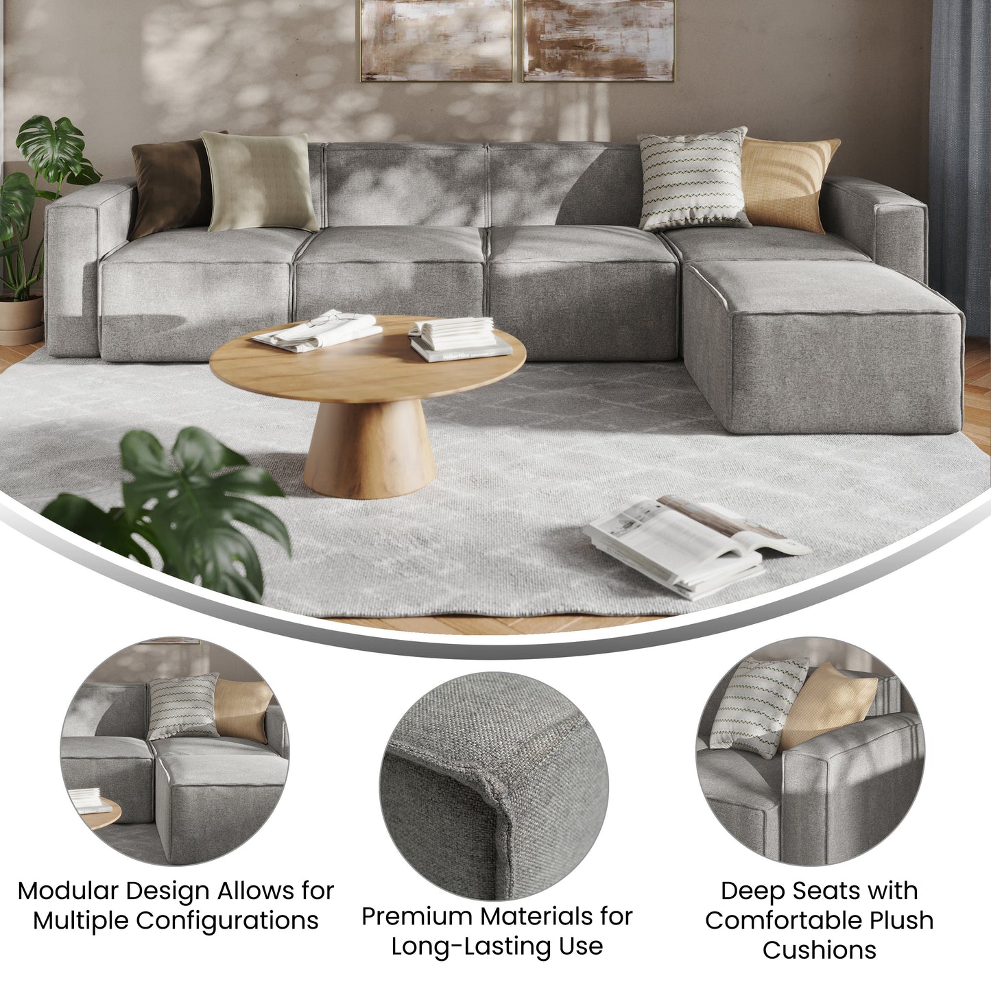 Bridgetown Luxury Modular 5 Piece Sectional Sofa, Gray Gray IS-IT2231-5PCSEC-GRY-GG