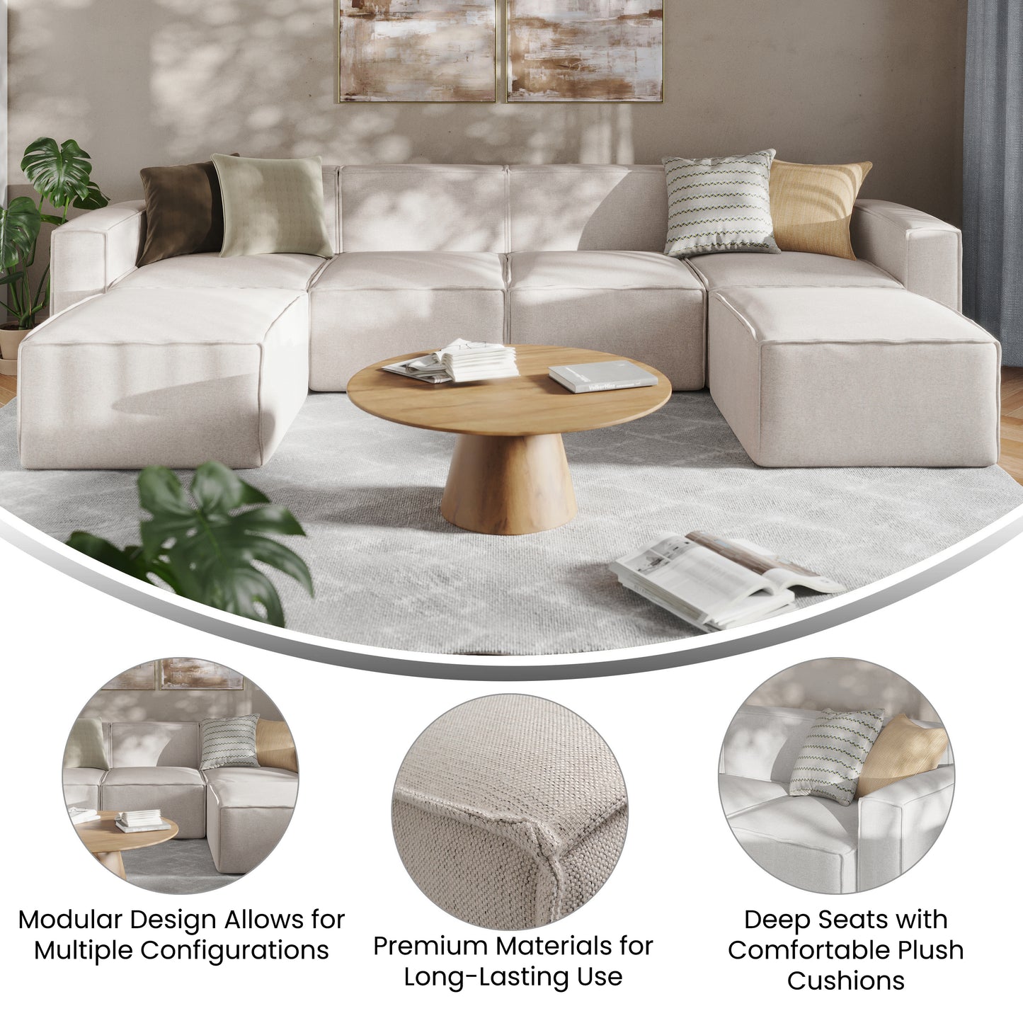 Bridgetown Luxury Modular 6 Piece Sectional Sofa, Cream Cream