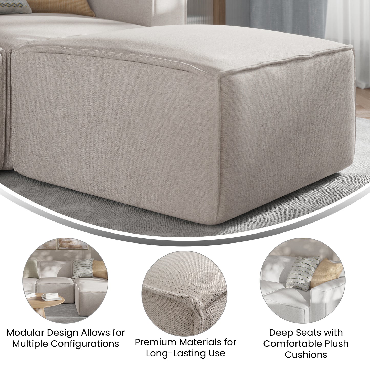 Bridgetown Luxury Modular Sectional Sofa Ottoman Seat, Cream Cream