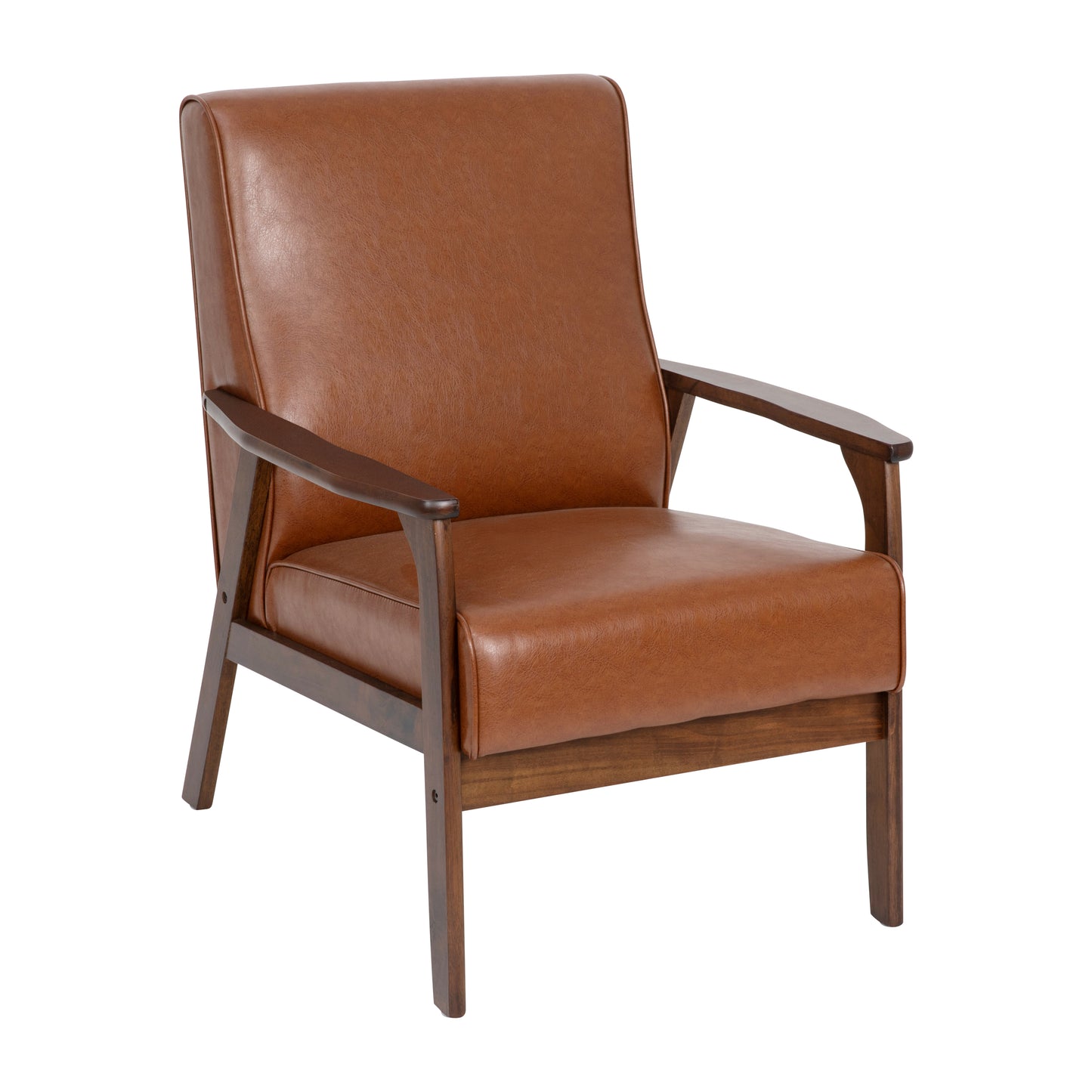 Langston Commercial Grade LeatherSoft Upholstered Mid Century Modern Arm Chair with Walnut Finished Wooden Frame and Arms in Cognac Cognac LeatherSoft