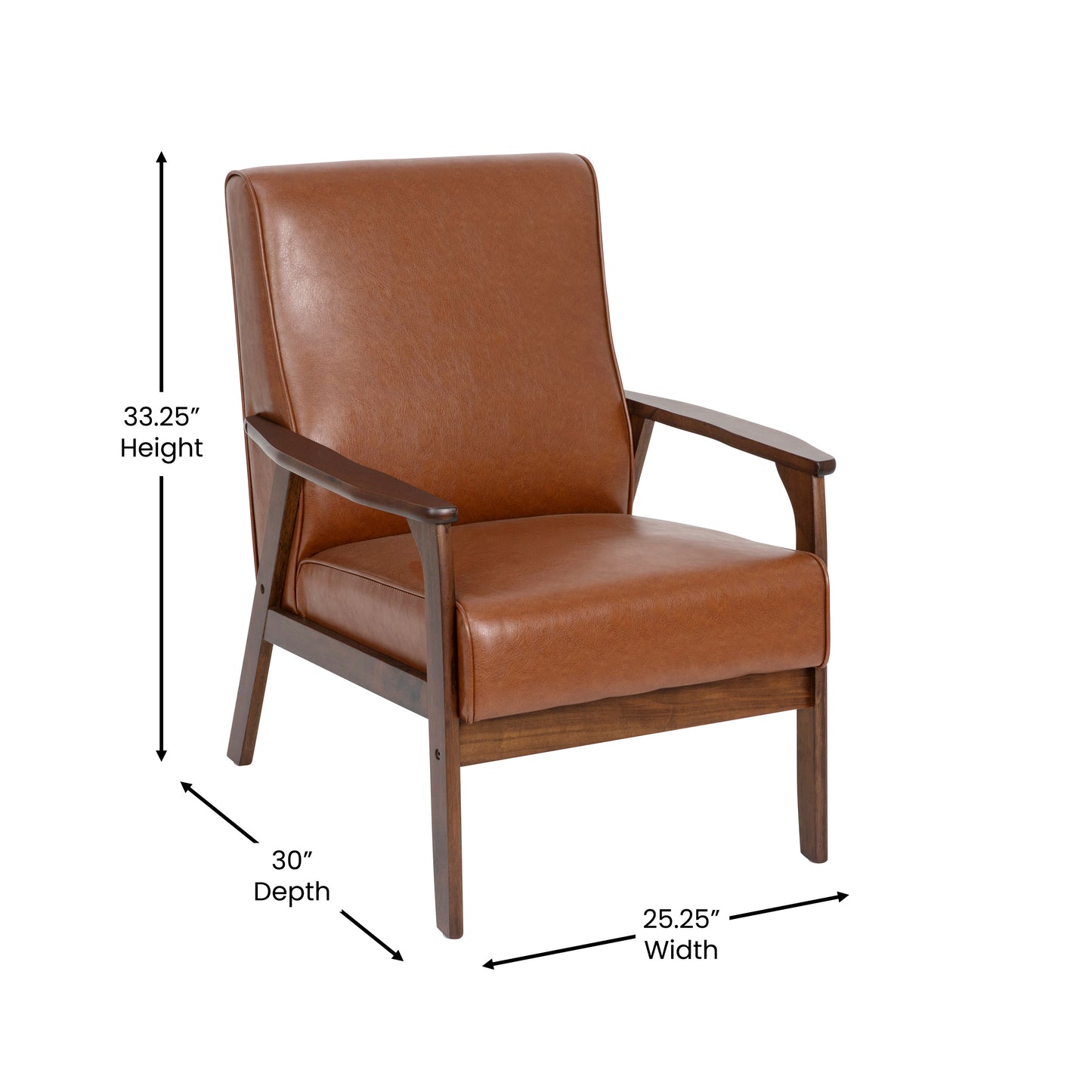 Langston Commercial Grade LeatherSoft Upholstered Mid Century Modern Arm Chair with Walnut Finished Wooden Frame and Arms in Cognac Cognac LeatherSoft