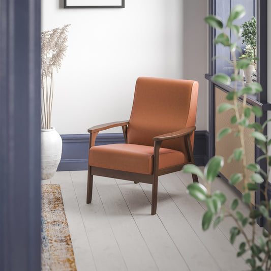 Langston Commercial Grade LeatherSoft Upholstered Mid Century Modern Arm Chair with Walnut Finished Wooden Frame and Arms in Cognac Cognac LeatherSoft