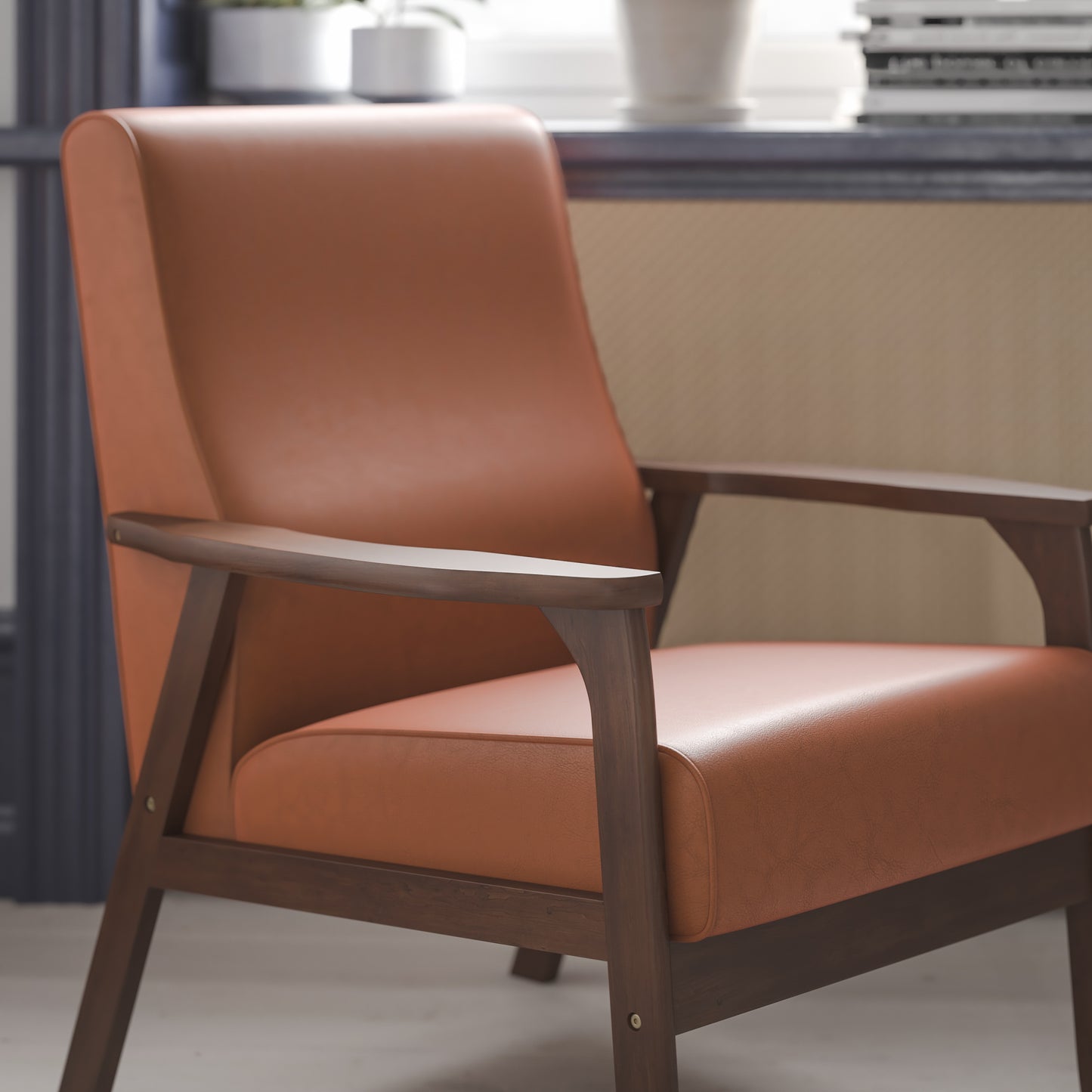 Langston Commercial Grade LeatherSoft Upholstered Mid Century Modern Arm Chair with Walnut Finished Wooden Frame and Arms in Cognac Cognac LeatherSoft