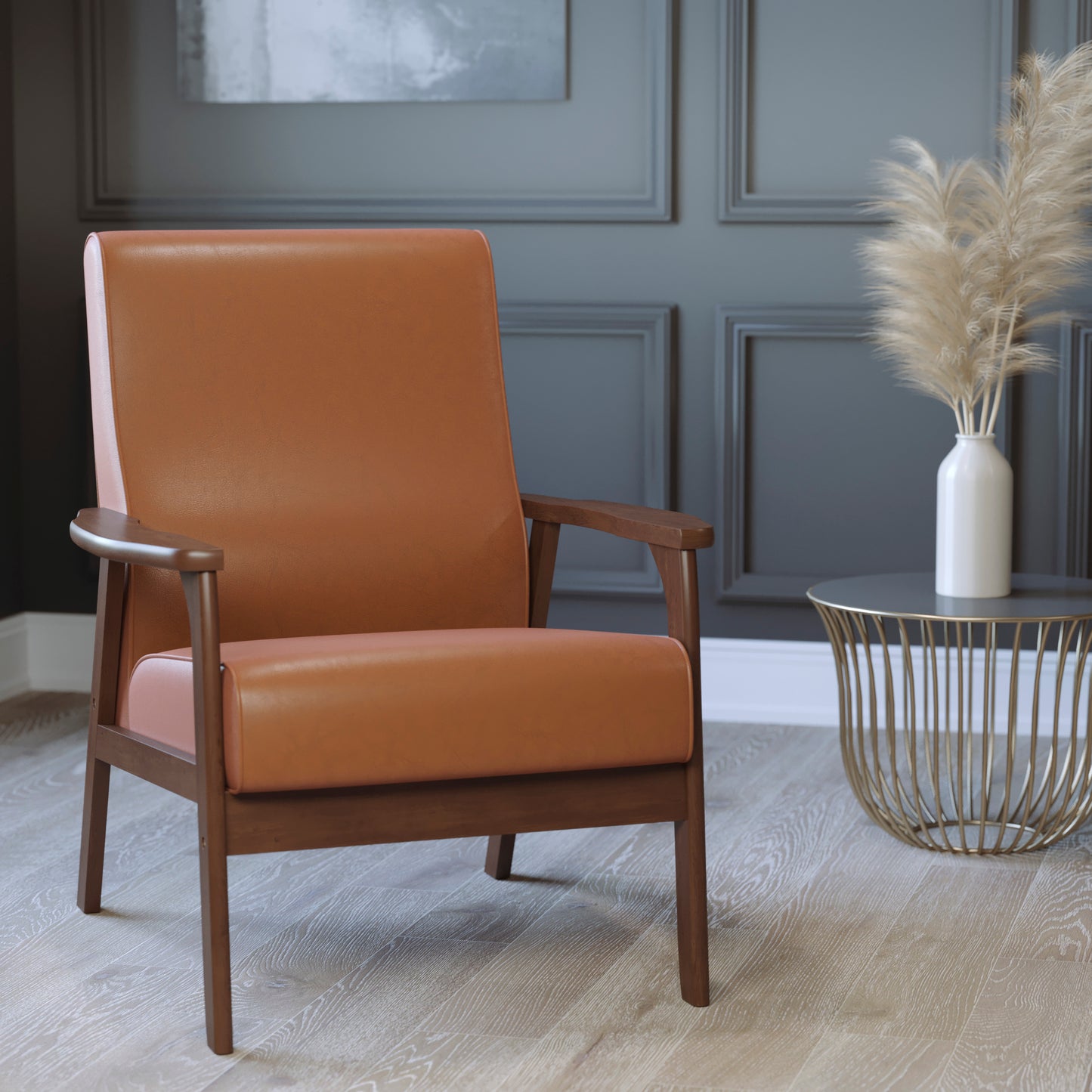 Langston Commercial Grade LeatherSoft Upholstered Mid Century Modern Arm Chair with Walnut Finished Wooden Frame and Arms in Cognac Cognac LeatherSoft