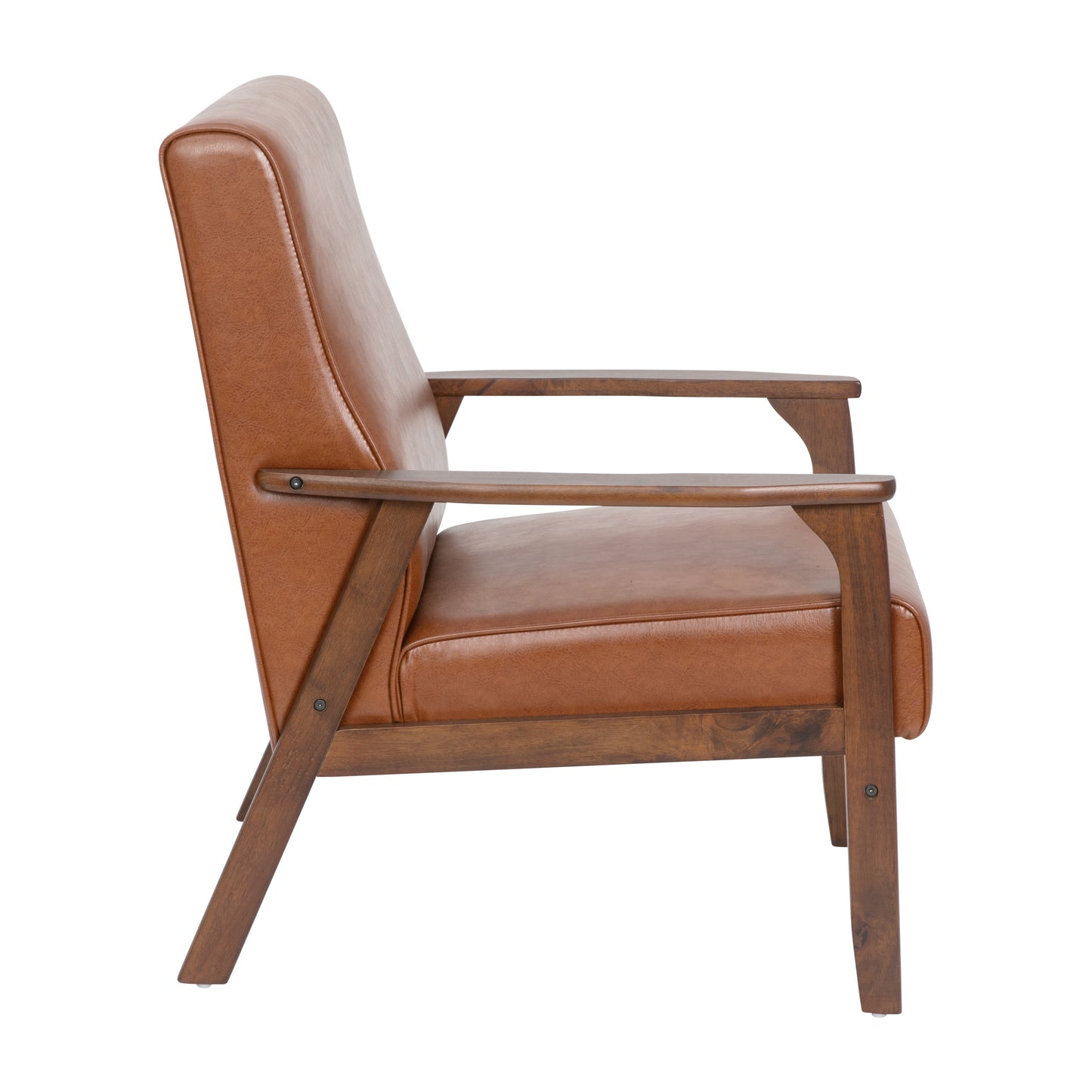 Langston Commercial Grade LeatherSoft Upholstered Mid Century Modern Arm Chair with Walnut Finished Wooden Frame and Arms in Cognac Cognac LeatherSoft