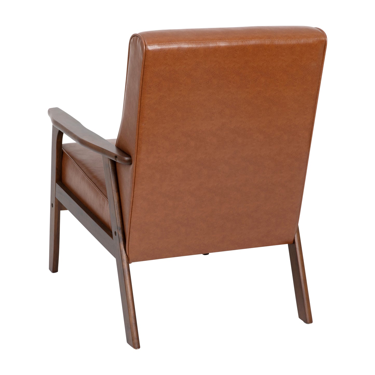 Langston Commercial Grade LeatherSoft Upholstered Mid Century Modern Arm Chair with Walnut Finished Wooden Frame and Arms in Cognac Cognac LeatherSoft