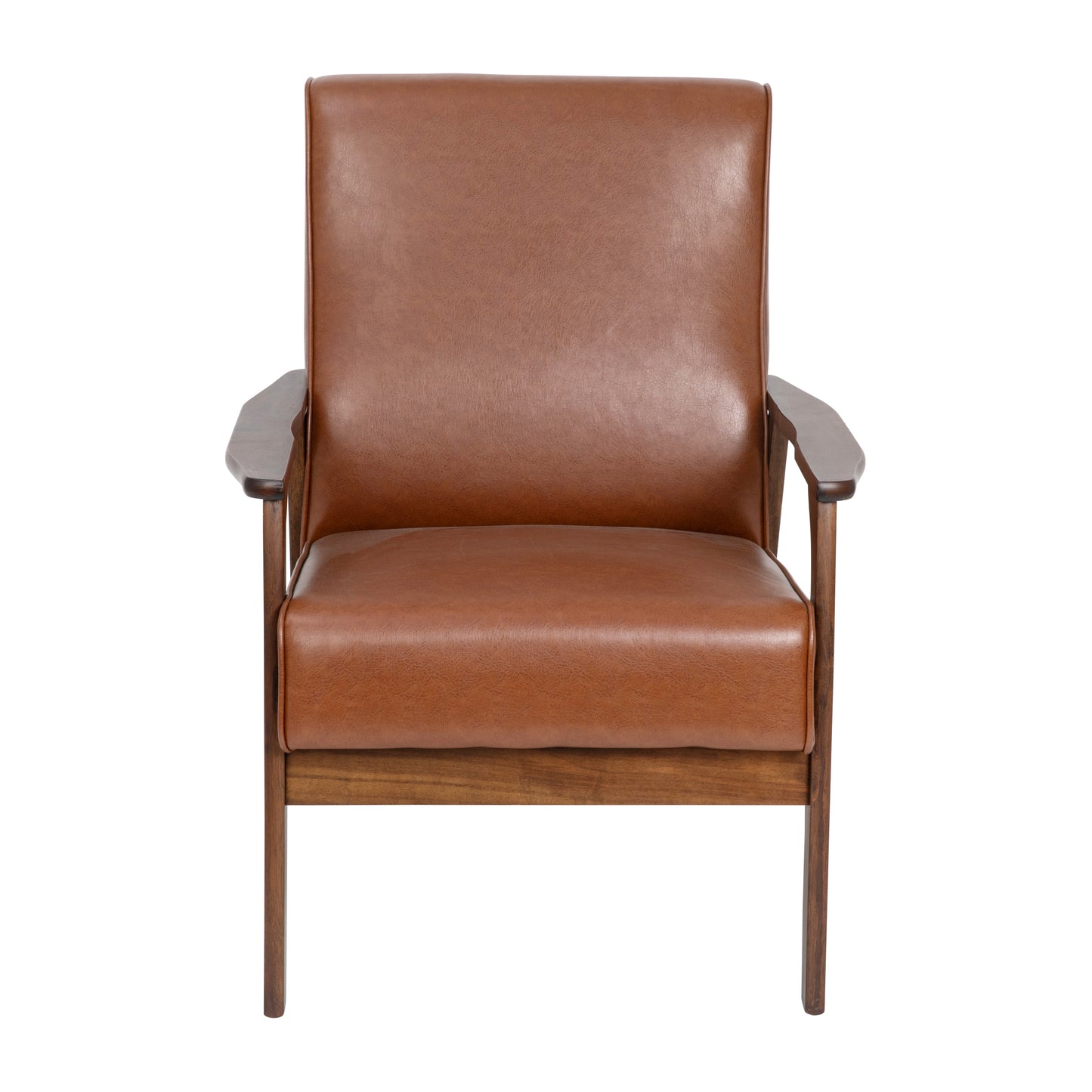 Langston Commercial Grade LeatherSoft Upholstered Mid Century Modern Arm Chair with Walnut Finished Wooden Frame and Arms in Cognac Cognac LeatherSoft