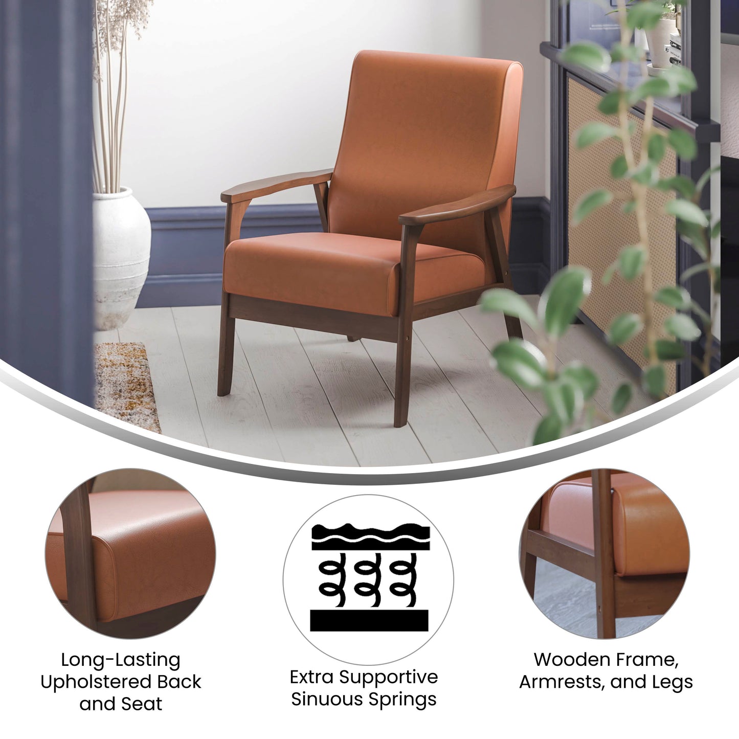 Langston Commercial Grade LeatherSoft Upholstered Mid Century Modern Arm Chair with Walnut Finished Wooden Frame and Arms in Cognac Cognac LeatherSoft
