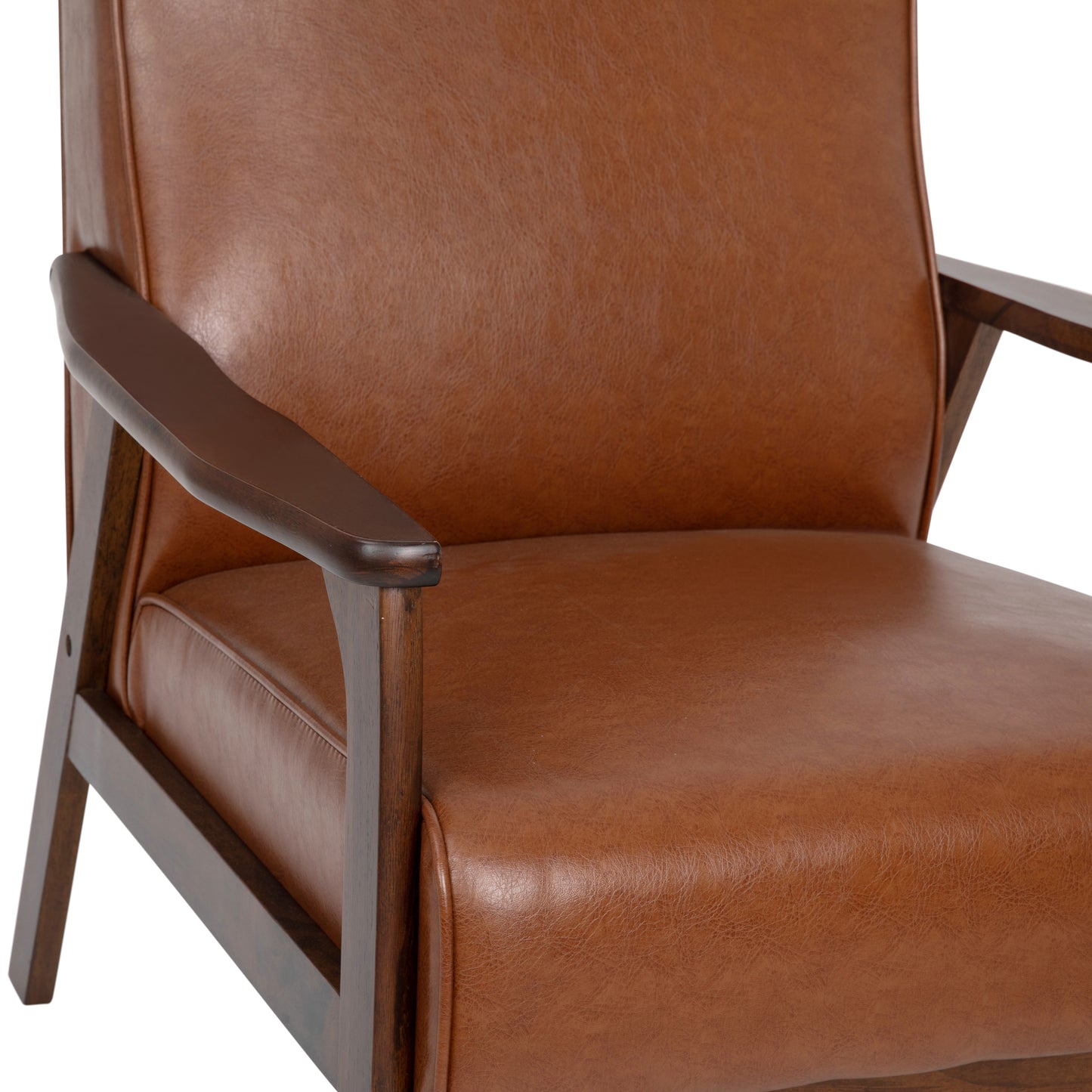 Langston Commercial Grade LeatherSoft Upholstered Mid Century Modern Arm Chair with Walnut Finished Wooden Frame and Arms in Cognac Cognac LeatherSoft