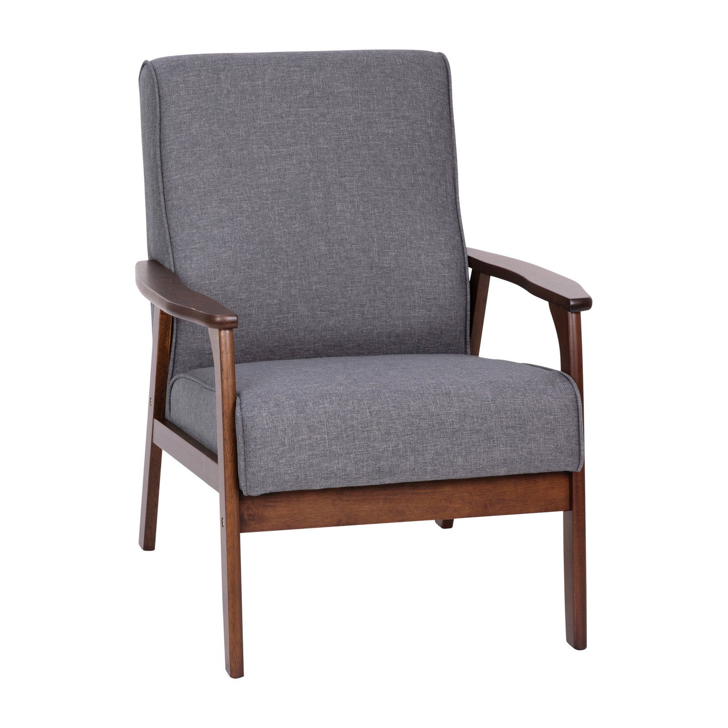Langston Commercial Grade Faux Linen Upholstered Mid Century Modern Arm Chair with Walnut Finished Wooden Frame and Arms in Gray Dark Gray Faux Linen