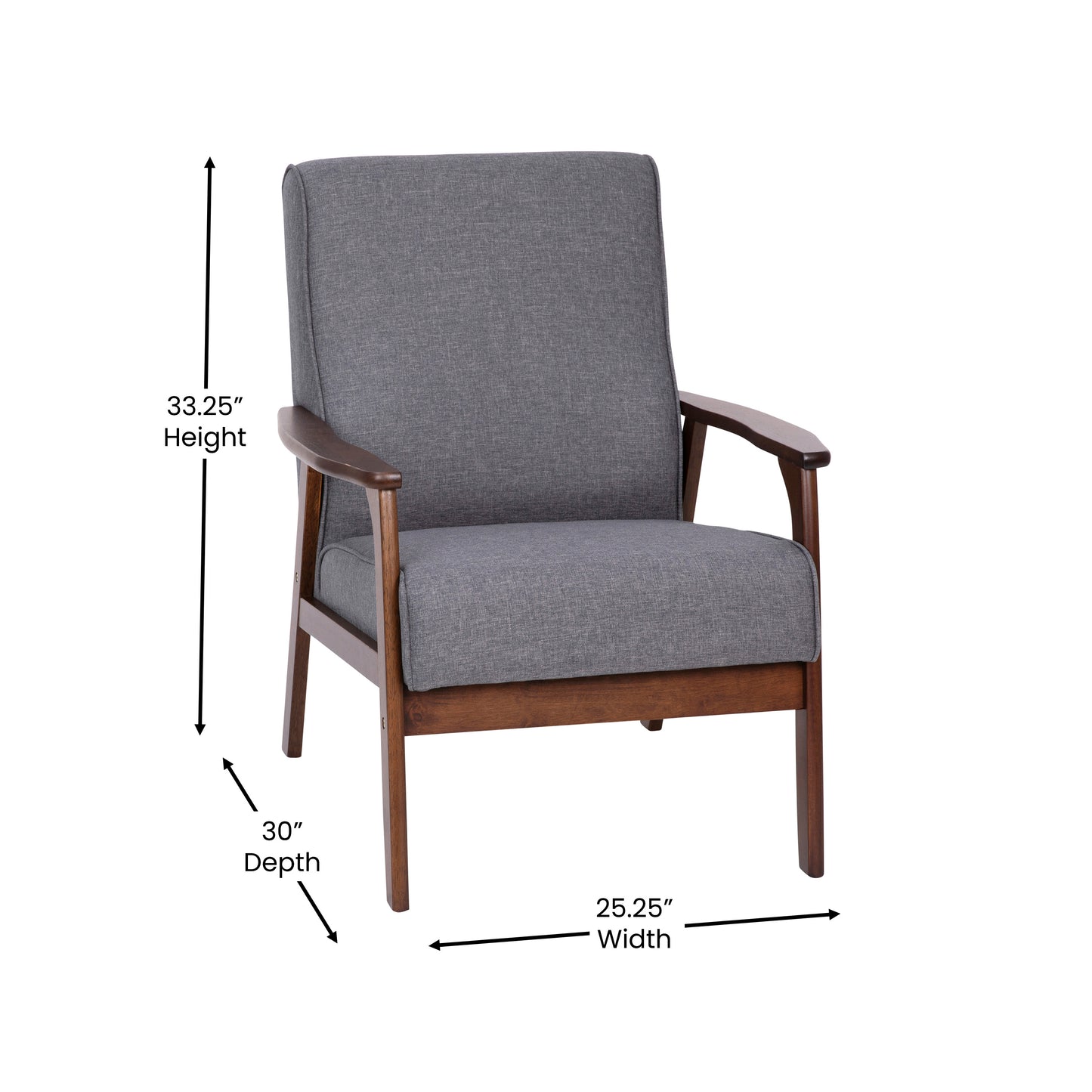 Langston Commercial Grade Faux Linen Upholstered Mid Century Modern Arm Chair with Walnut Finished Wooden Frame and Arms in Gray Dark Gray Faux Linen