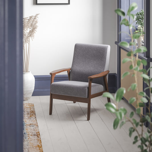 Langston Commercial Grade Faux Linen Upholstered Mid Century Modern Arm Chair with Walnut Finished Wooden Frame and Arms in Gray Dark Gray Faux Linen IS-IT673317-GY-GG