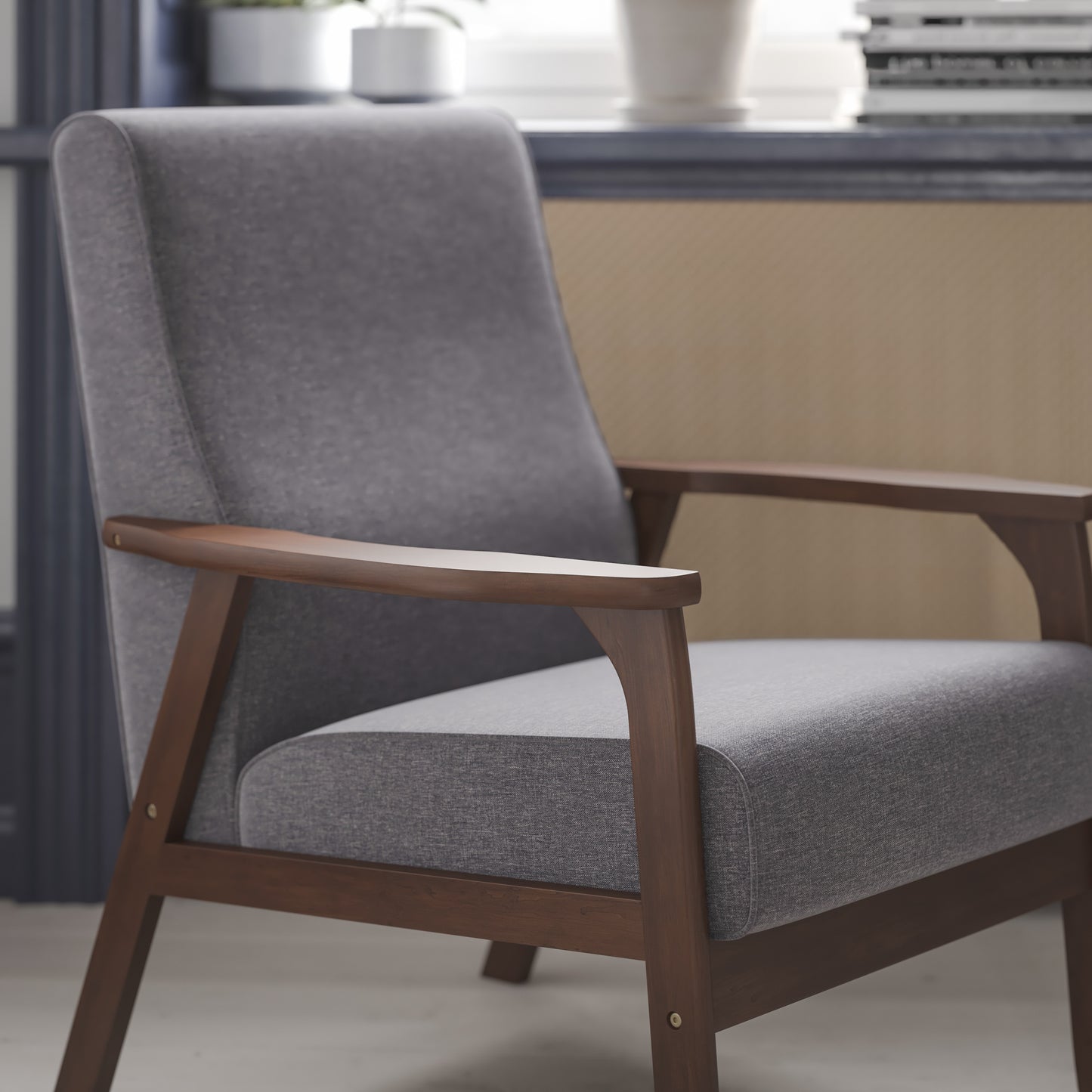Langston Commercial Grade Faux Linen Upholstered Mid Century Modern Arm Chair with Walnut Finished Wooden Frame and Arms in Gray Dark Gray Faux Linen
