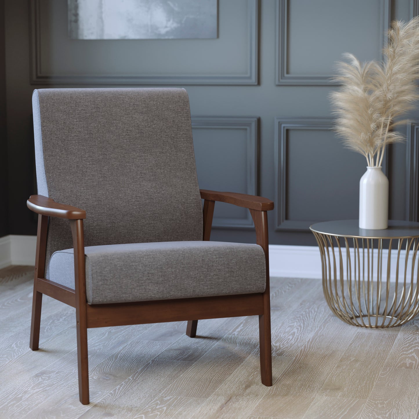 Langston Commercial Grade Faux Linen Upholstered Mid Century Modern Arm Chair with Walnut Finished Wooden Frame and Arms in Gray Dark Gray Faux Linen