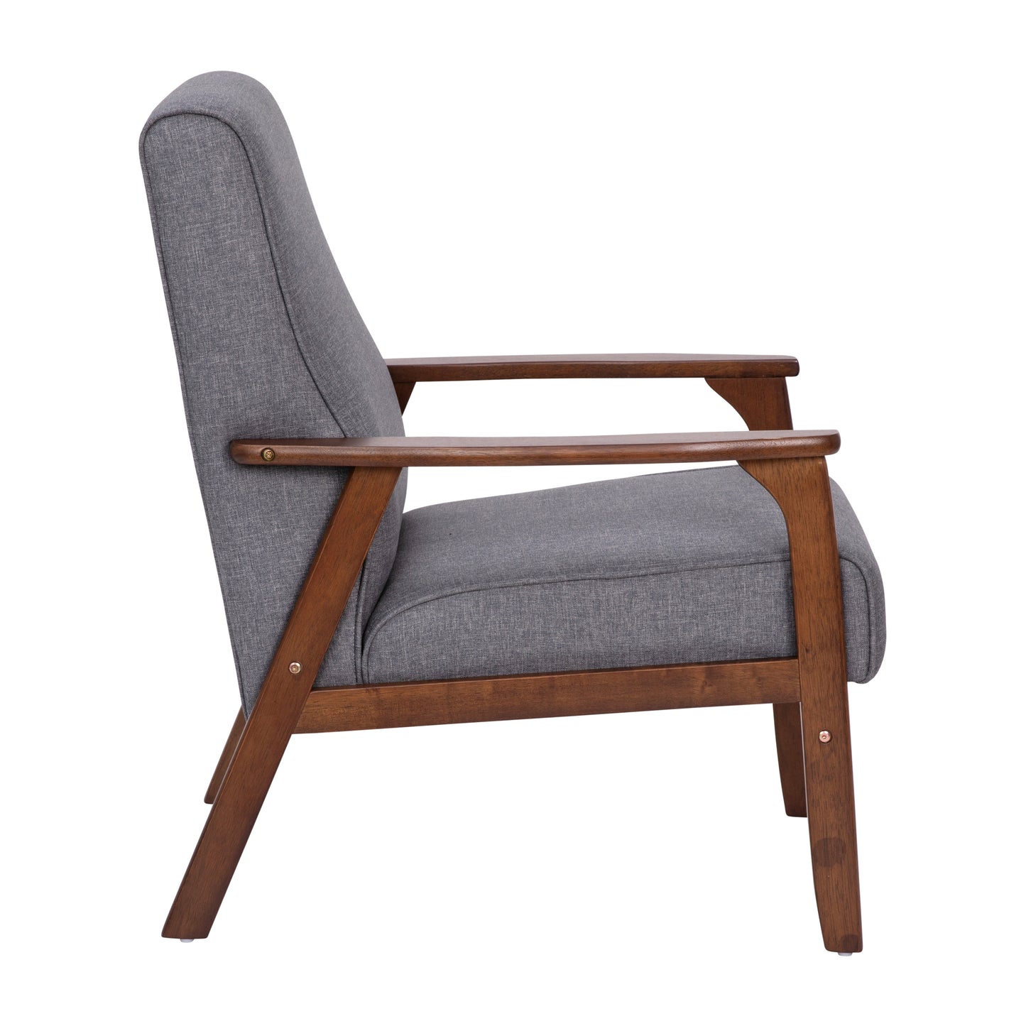 Langston Commercial Grade Faux Linen Upholstered Mid Century Modern Arm Chair with Walnut Finished Wooden Frame and Arms in Gray Dark Gray Faux Linen