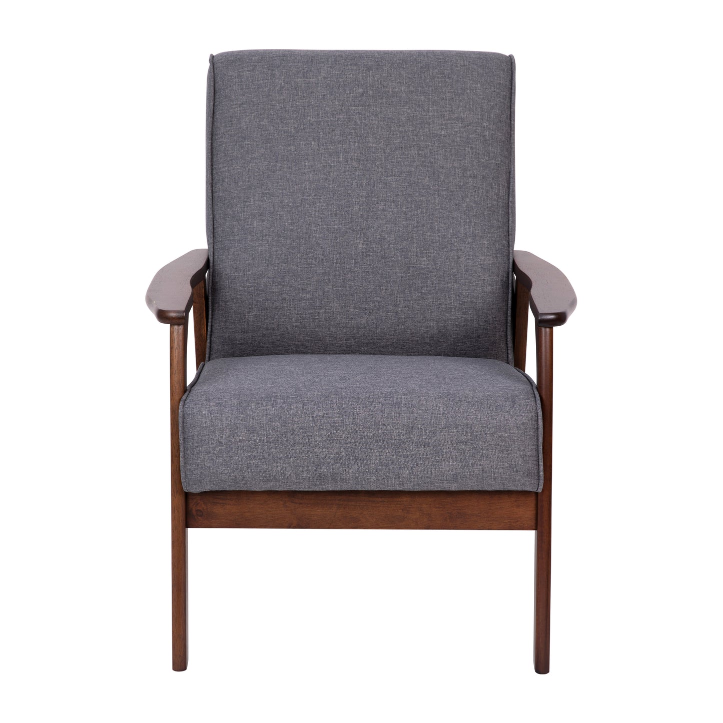 Langston Commercial Grade Faux Linen Upholstered Mid Century Modern Arm Chair with Walnut Finished Wooden Frame and Arms in Gray Dark Gray Faux Linen