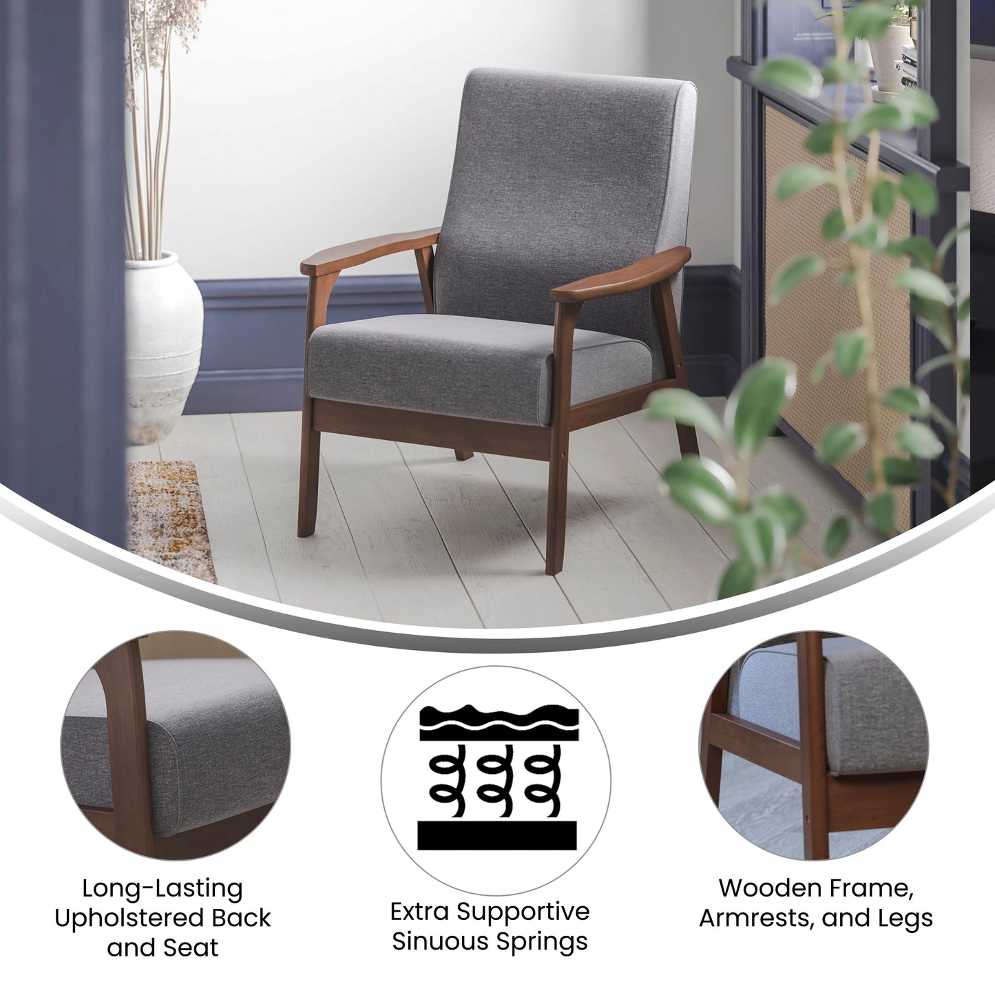 Langston Commercial Grade Faux Linen Upholstered Mid Century Modern Arm Chair with Walnut Finished Wooden Frame and Arms in Gray Dark Gray Faux Linen