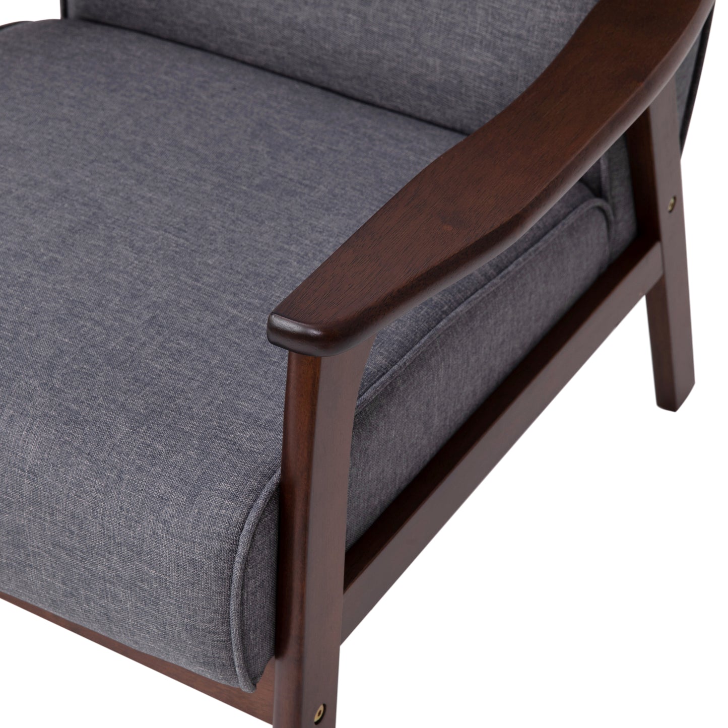 Langston Commercial Grade Faux Linen Upholstered Mid Century Modern Arm Chair with Walnut Finished Wooden Frame and Arms in Gray Dark Gray Faux Linen