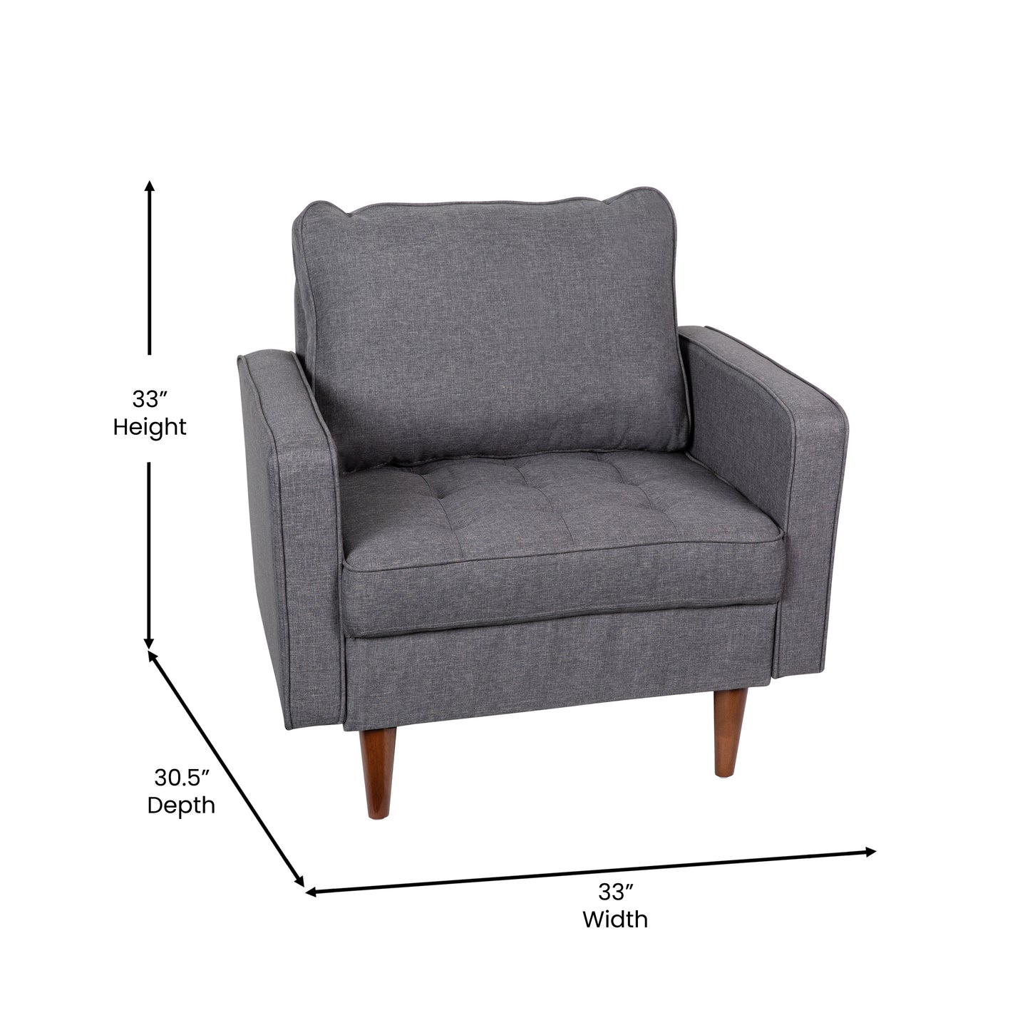 Hudson Mid-Century Modern Commercial Grade Armchair with Tufted Faux Linen Upholstery & Solid Wood Legs in Dark Gray Dark Gray