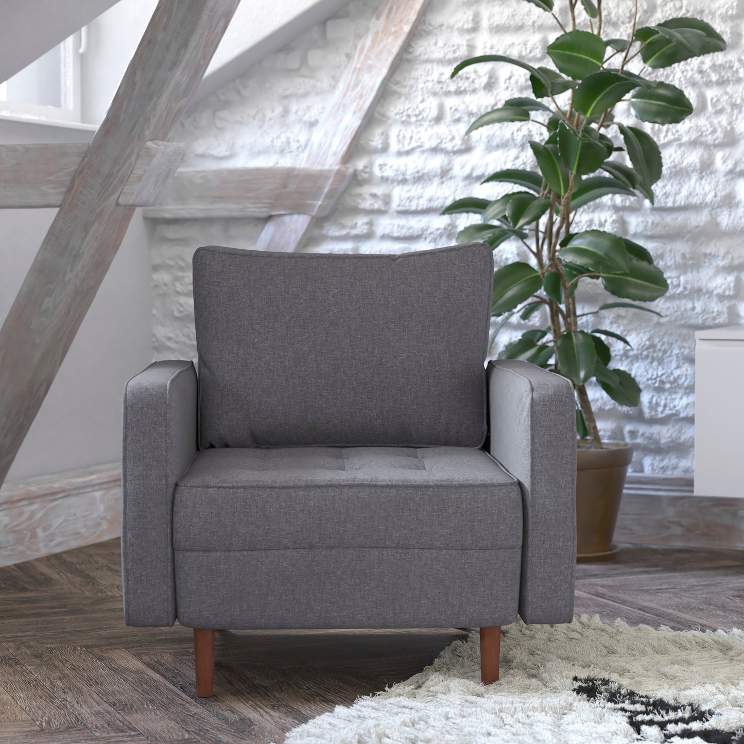 Hudson Mid-Century Modern Commercial Grade Armchair with Tufted Faux Linen Upholstery & Solid Wood Legs in Dark Gray Dark Gray