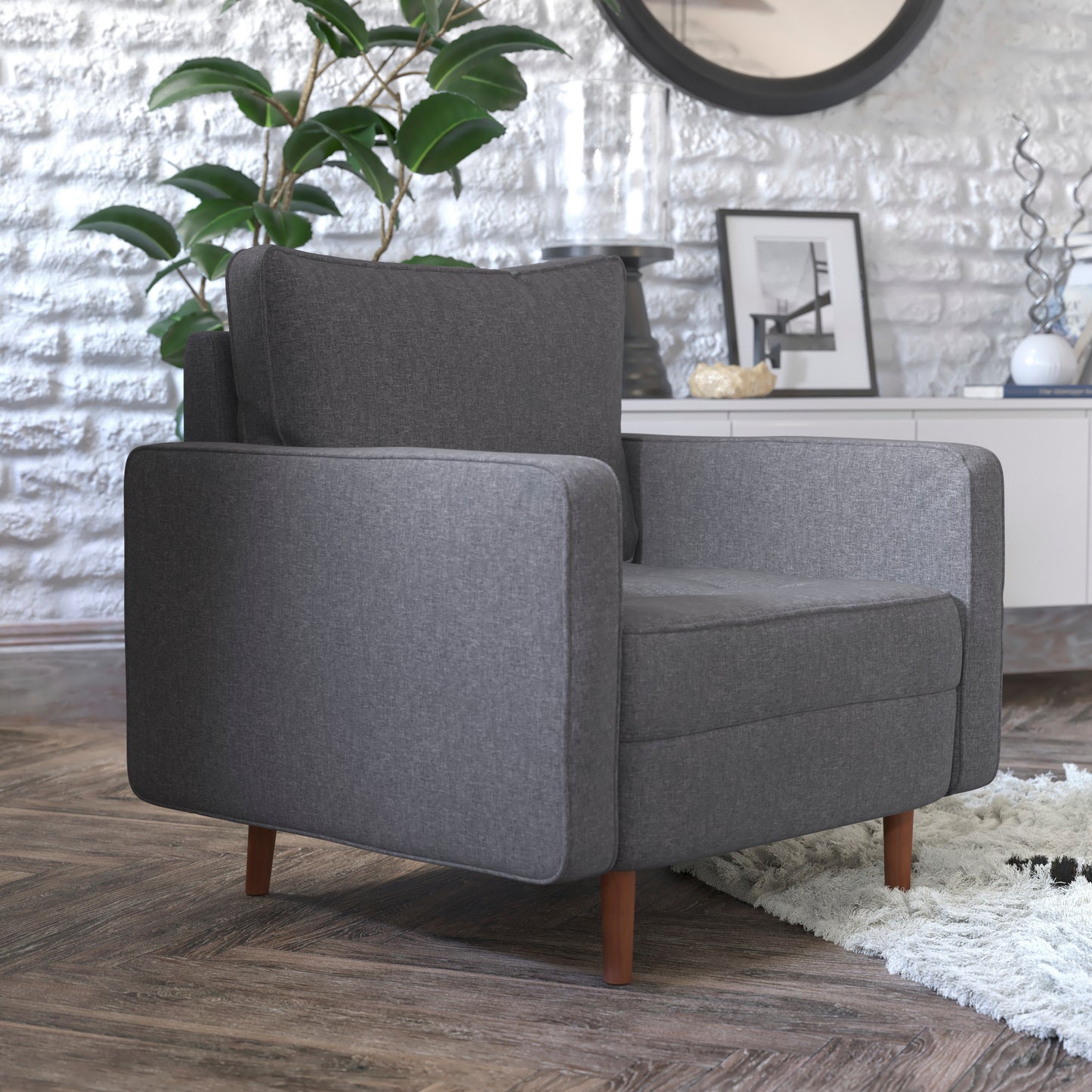 Hudson Mid-Century Modern Commercial Grade Armchair with Tufted Faux Linen Upholstery & Solid Wood Legs in Dark Gray Dark Gray