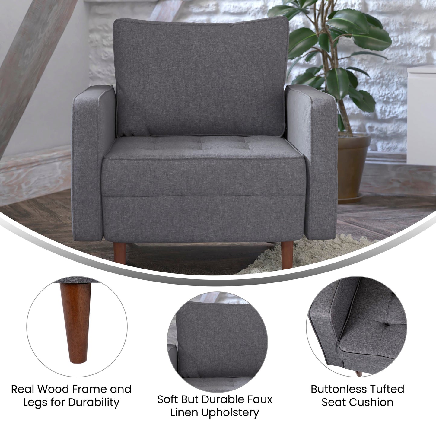 Hudson Mid-Century Modern Commercial Grade Armchair with Tufted Faux Linen Upholstery & Solid Wood Legs in Dark Gray Dark Gray