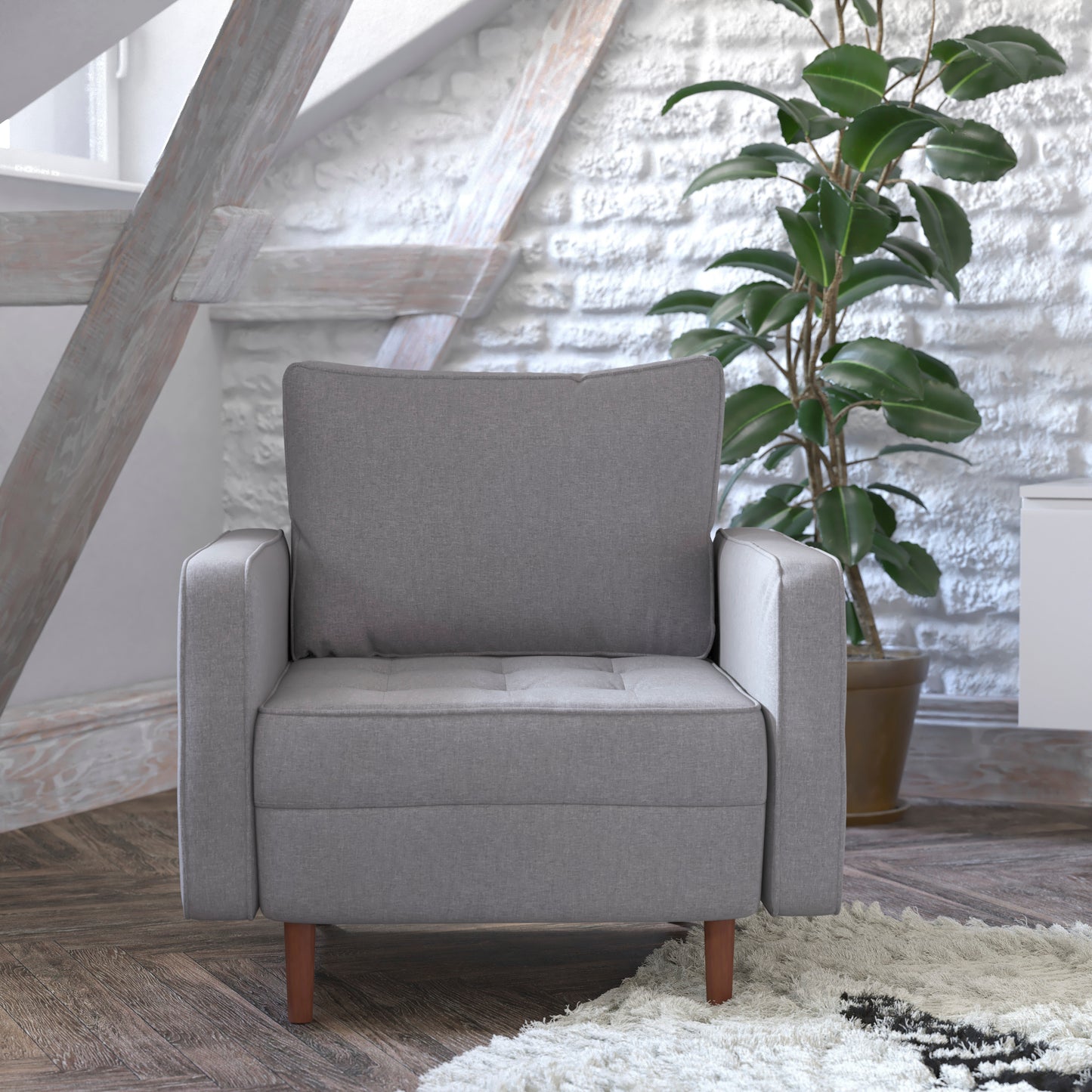 Hudson Mid-Century Modern Commercial Grade Armchair with Tufted Faux Linen Upholstery & Solid Wood Legs in Slate Gray Slate Gray