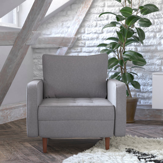 Hudson Mid-Century Modern Commercial Grade Armchair with Tufted Faux Linen Upholstery & Solid Wood Legs in Slate Gray Slate Gray