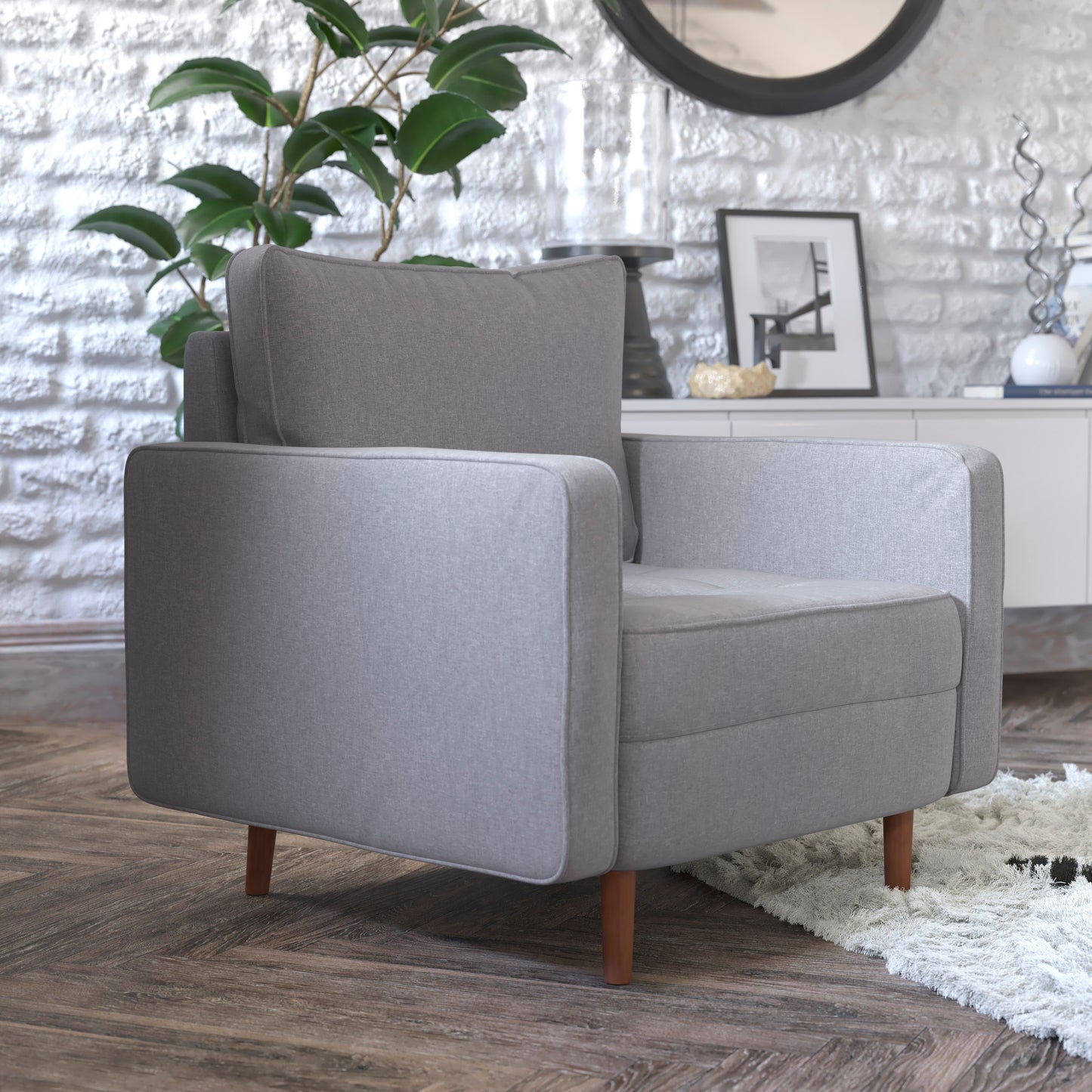 Hudson Mid-Century Modern Commercial Grade Armchair with Tufted Faux Linen Upholstery & Solid Wood Legs in Slate Gray Slate Gray