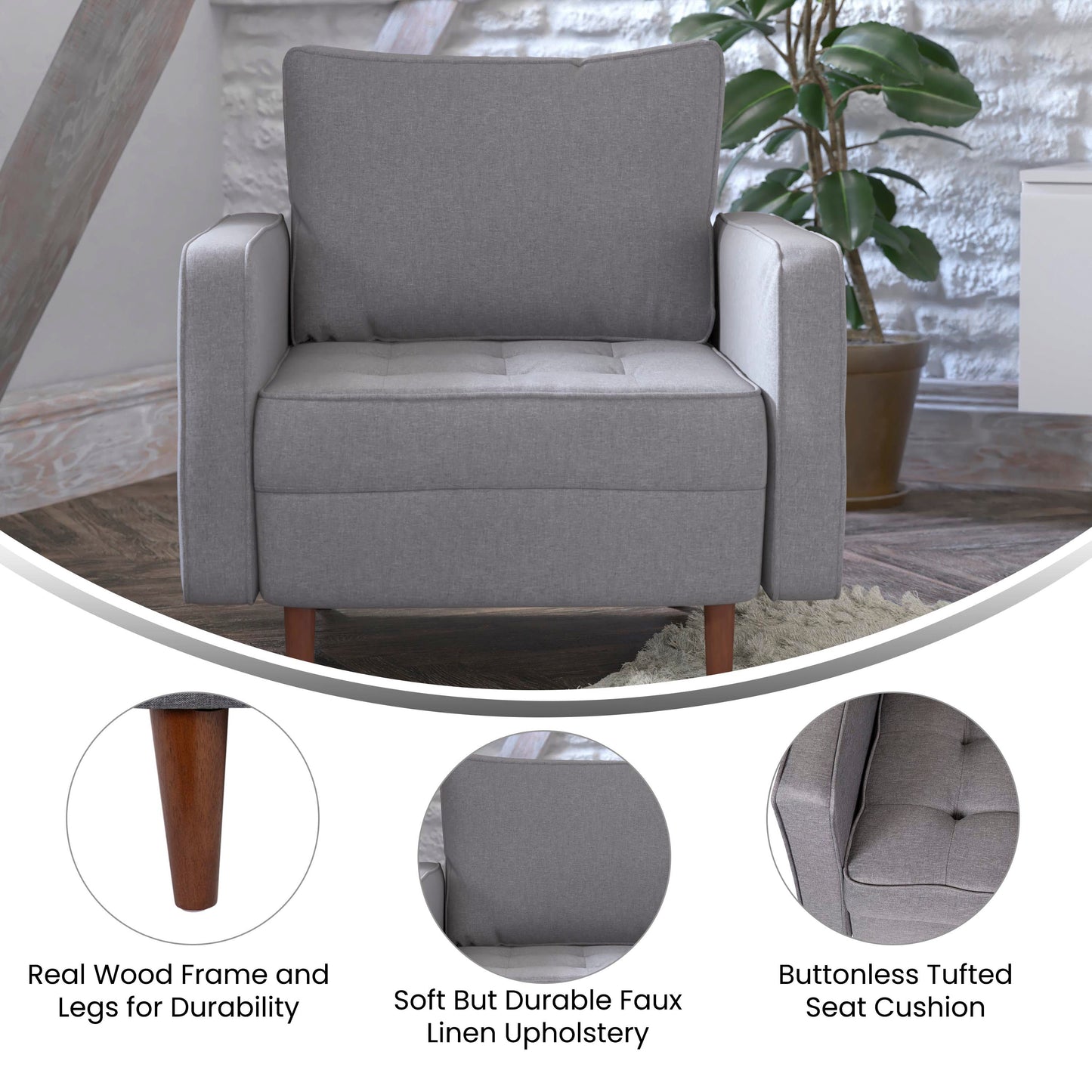 Hudson Mid-Century Modern Commercial Grade Armchair with Tufted Faux Linen Upholstery & Solid Wood Legs in Slate Gray Slate Gray
