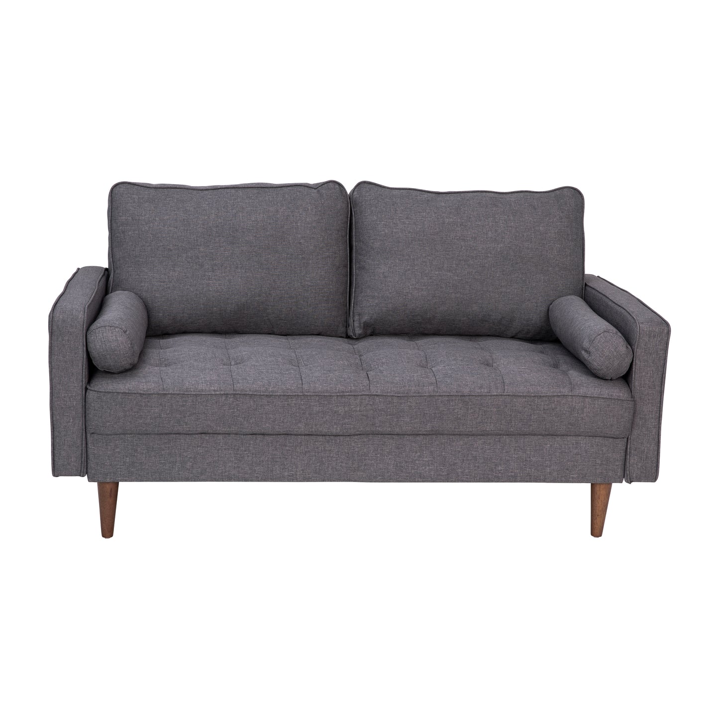 Hudson Mid-Century Modern Loveseat Sofa with Tufted Faux Linen Upholstery & Solid Wood Legs in Dark Gray Dark Gray