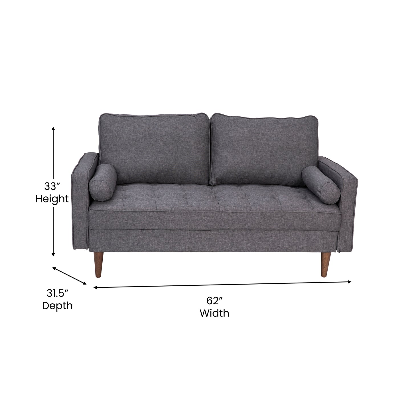 Hudson Mid-Century Modern Loveseat Sofa with Tufted Faux Linen Upholstery & Solid Wood Legs in Dark Gray Dark Gray