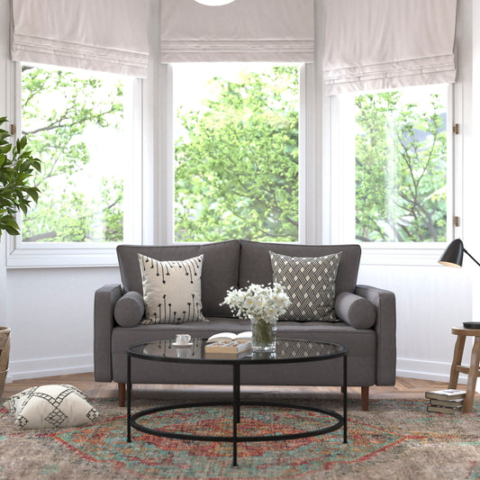 Hudson Mid-Century Modern Loveseat Sofa with Tufted Faux Linen Upholstery & Solid Wood Legs in Dark Gray Dark Gray IS-PL100-DKGY-GG
