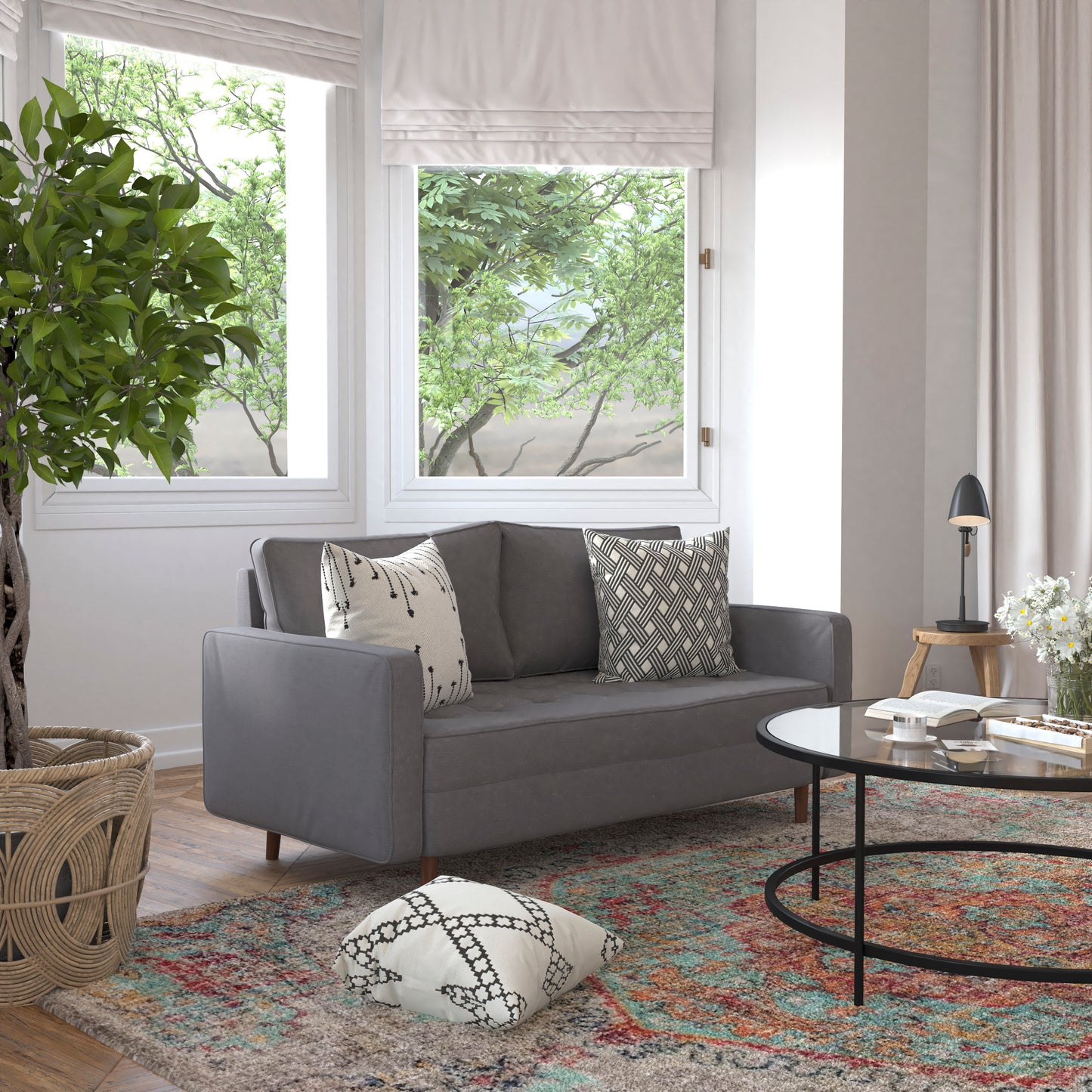 Hudson Mid-Century Modern Loveseat Sofa with Tufted Faux Linen Upholstery & Solid Wood Legs in Dark Gray Dark Gray