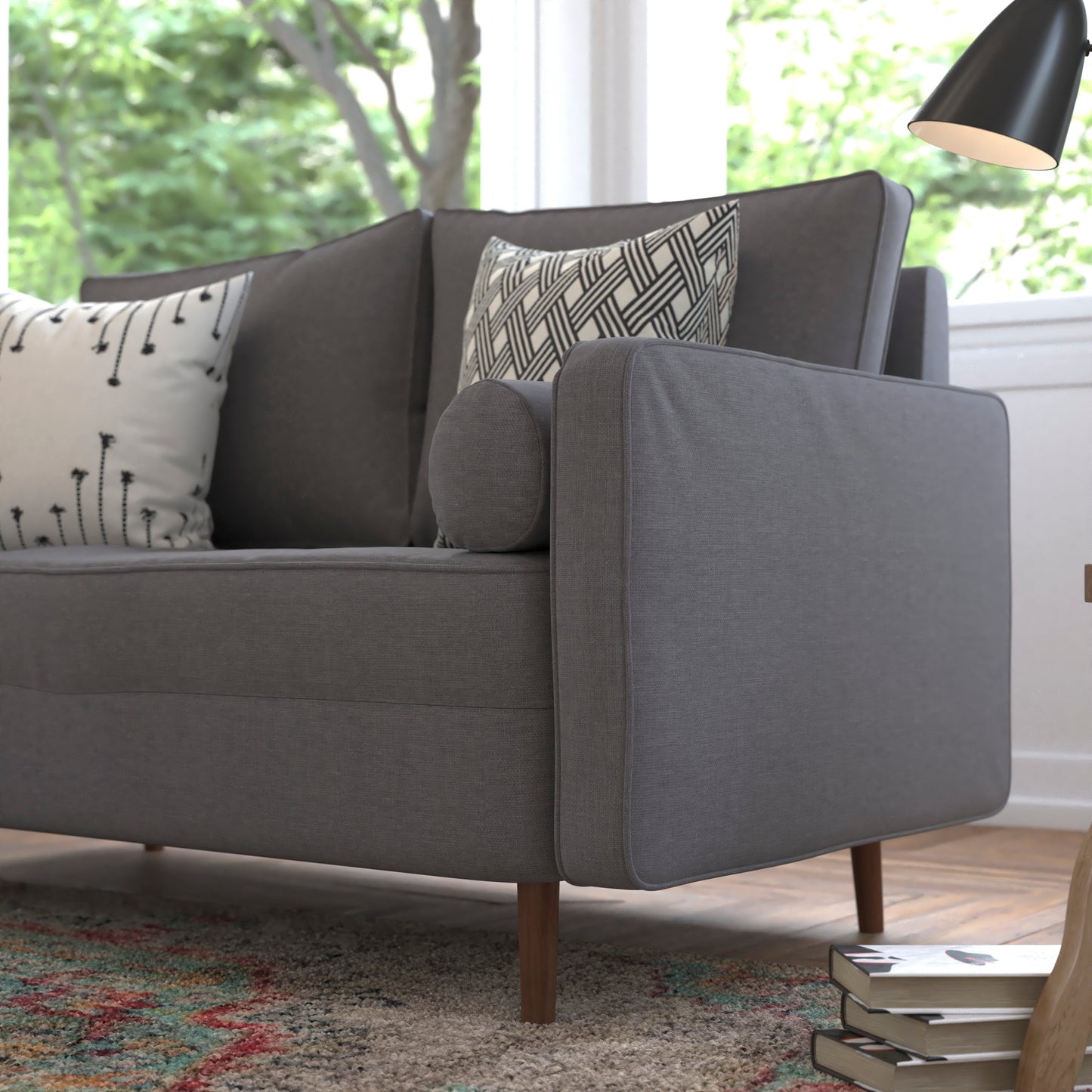 Hudson Mid-Century Modern Loveseat Sofa with Tufted Faux Linen Upholstery & Solid Wood Legs in Dark Gray Dark Gray