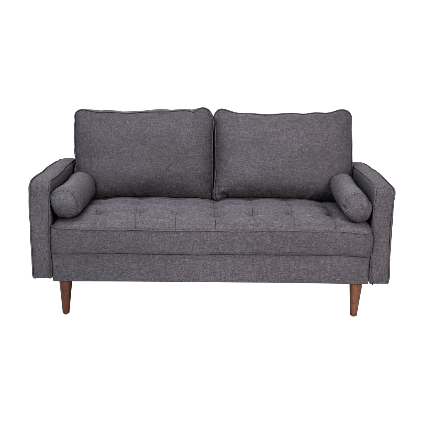 Hudson Mid-Century Modern Loveseat Sofa with Tufted Faux Linen Upholstery & Solid Wood Legs in Dark Gray Dark Gray