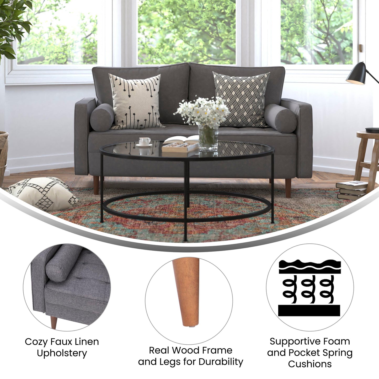 Hudson Mid-Century Modern Loveseat Sofa with Tufted Faux Linen Upholstery & Solid Wood Legs in Dark Gray Dark Gray
