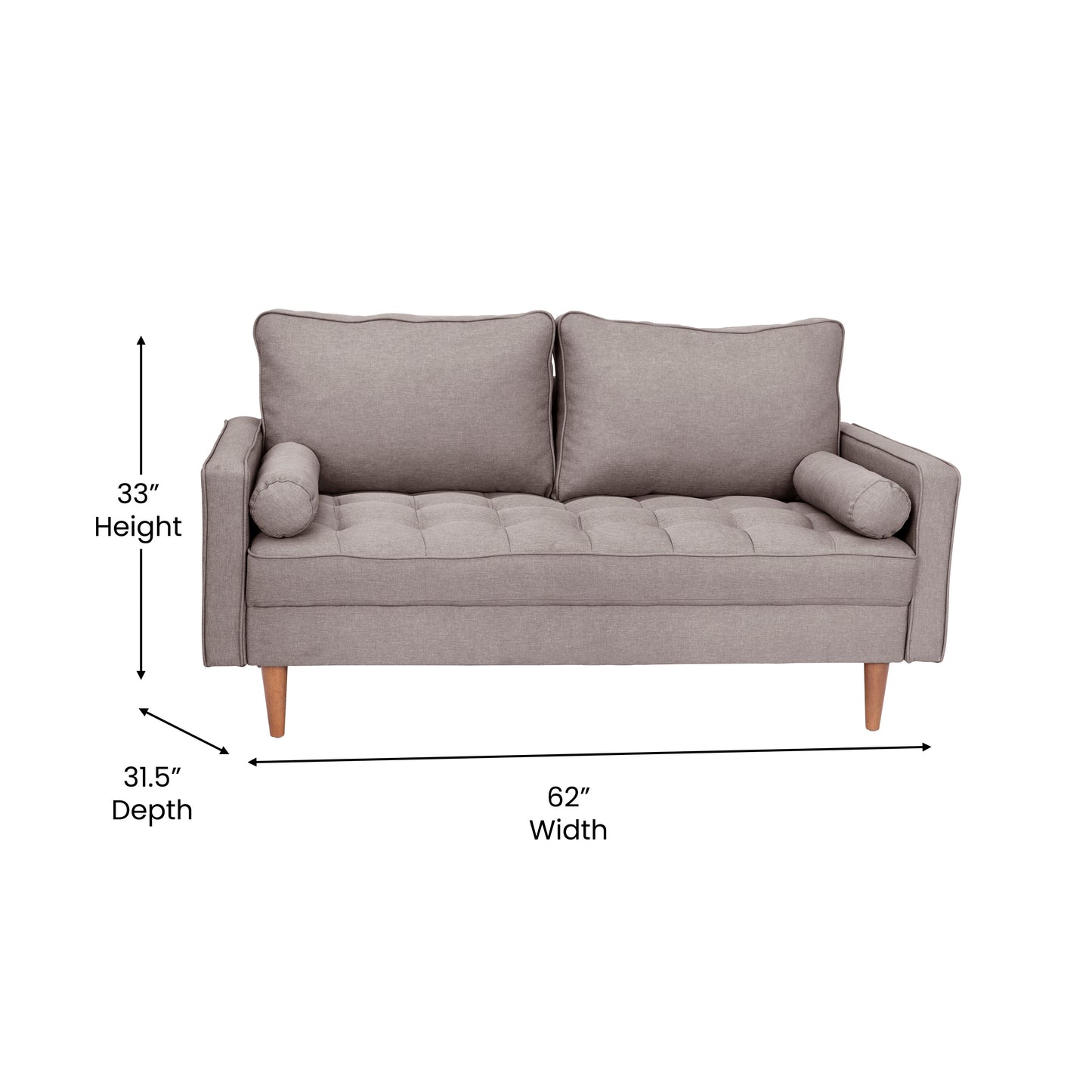 Hudson Mid-Century Modern Loveseat Sofa with Tufted Faux Linen Upholstery & Solid Wood Legs in Slate Gray Slate Gray