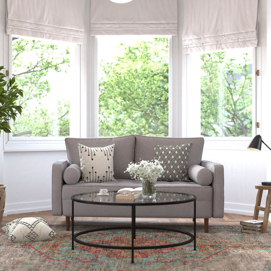 Hudson Mid-Century Modern Loveseat Sofa with Tufted Faux Linen Upholstery & Solid Wood Legs in Slate Gray Slate Gray IS-PL100-GY-GG