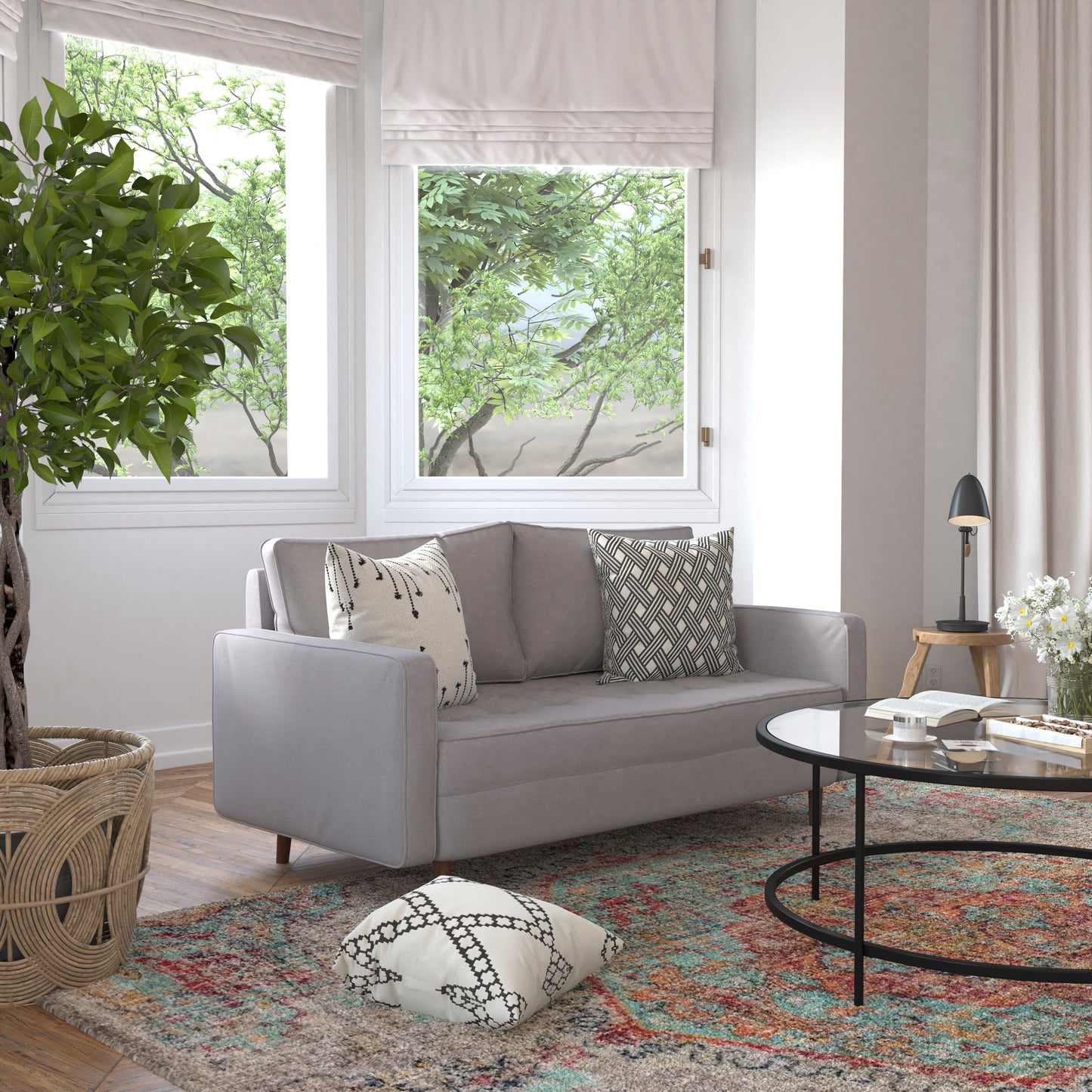 Hudson Mid-Century Modern Loveseat Sofa with Tufted Faux Linen Upholstery & Solid Wood Legs in Slate Gray Slate Gray
