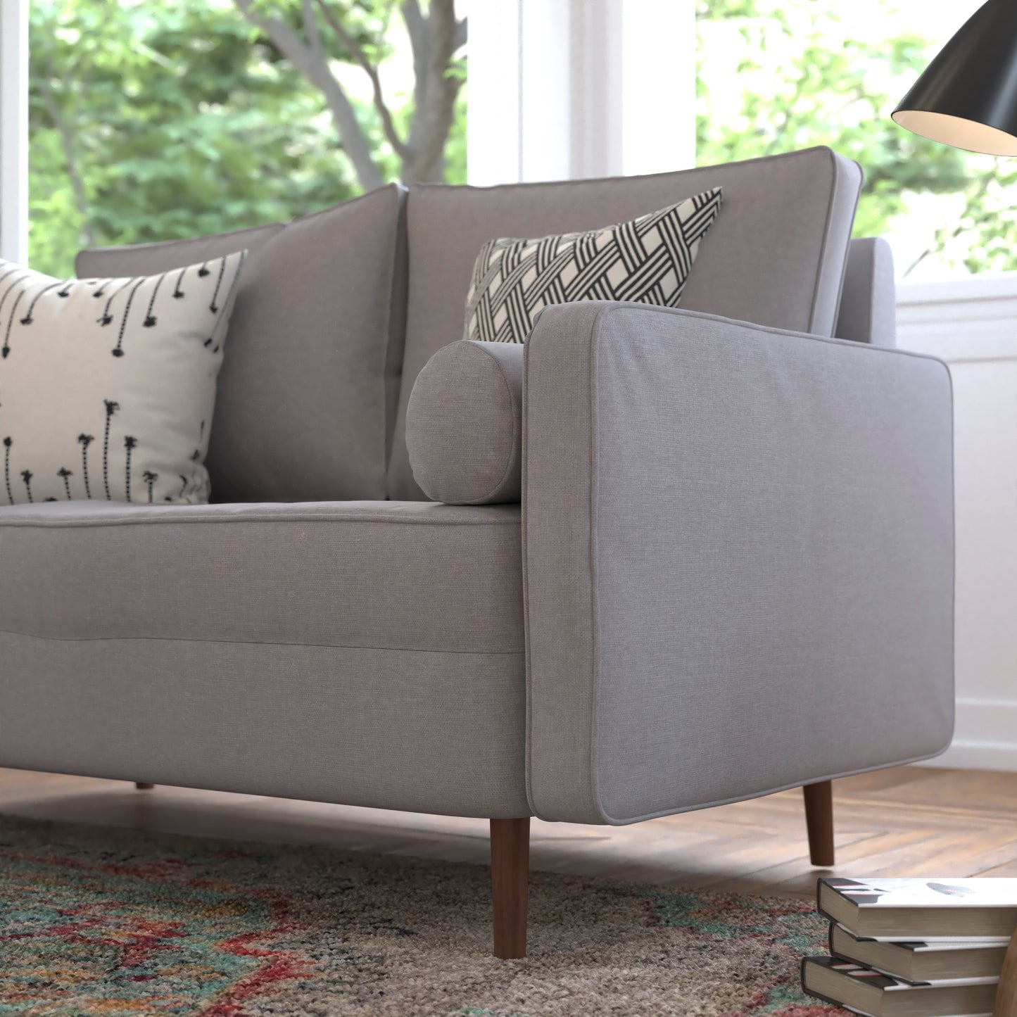 Hudson Mid-Century Modern Loveseat Sofa with Tufted Faux Linen Upholstery & Solid Wood Legs in Slate Gray Slate Gray