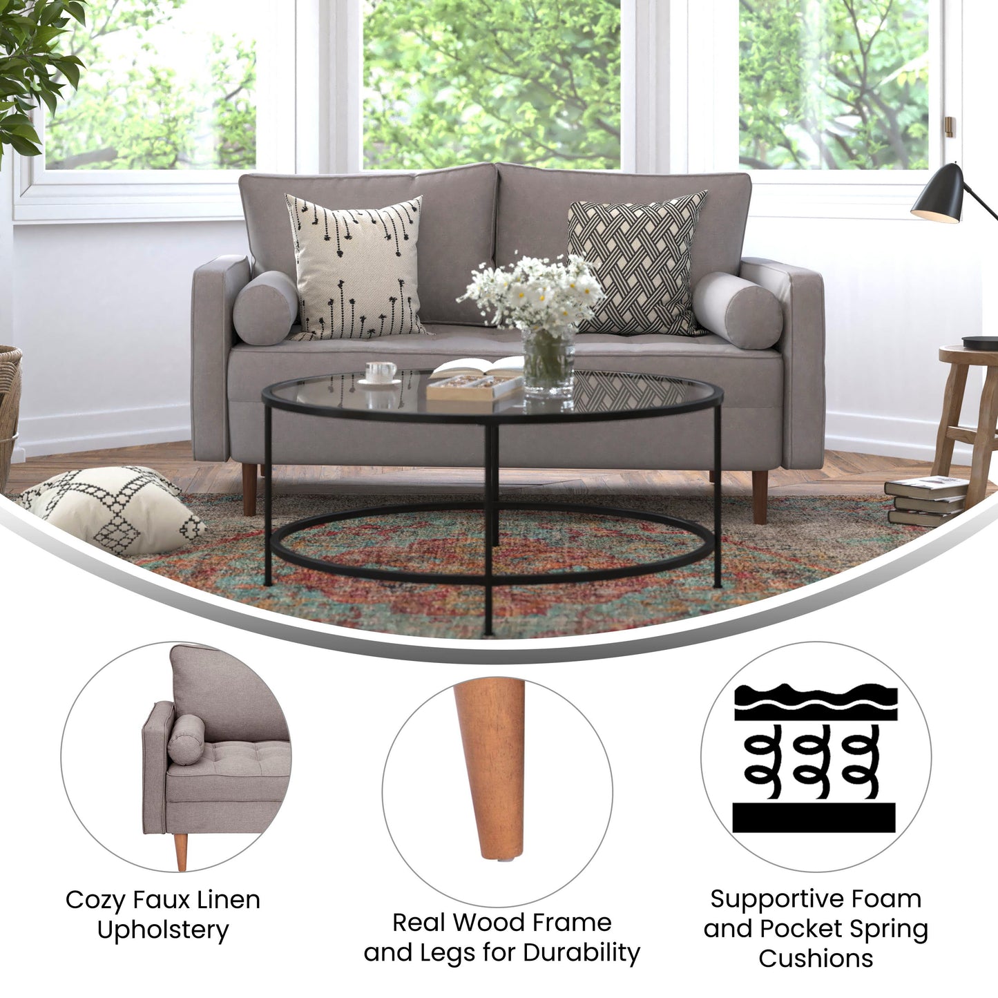 Hudson Mid-Century Modern Loveseat Sofa with Tufted Faux Linen Upholstery & Solid Wood Legs in Slate Gray Slate Gray