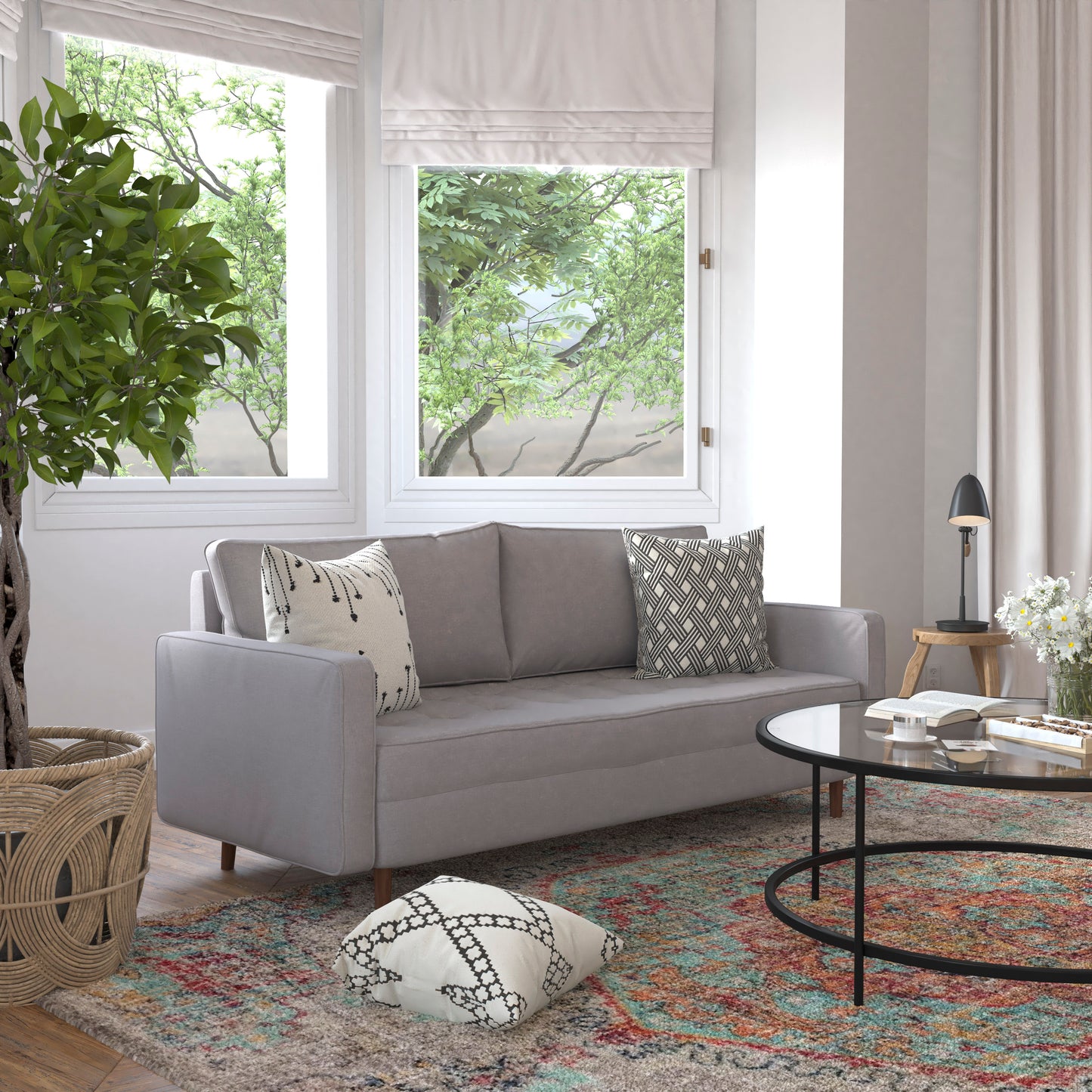 Hudson Mid-Century Modern Sofa with Tufted Faux Linen Upholstery & Solid Wood Legs in Slate Gray Slate Gray