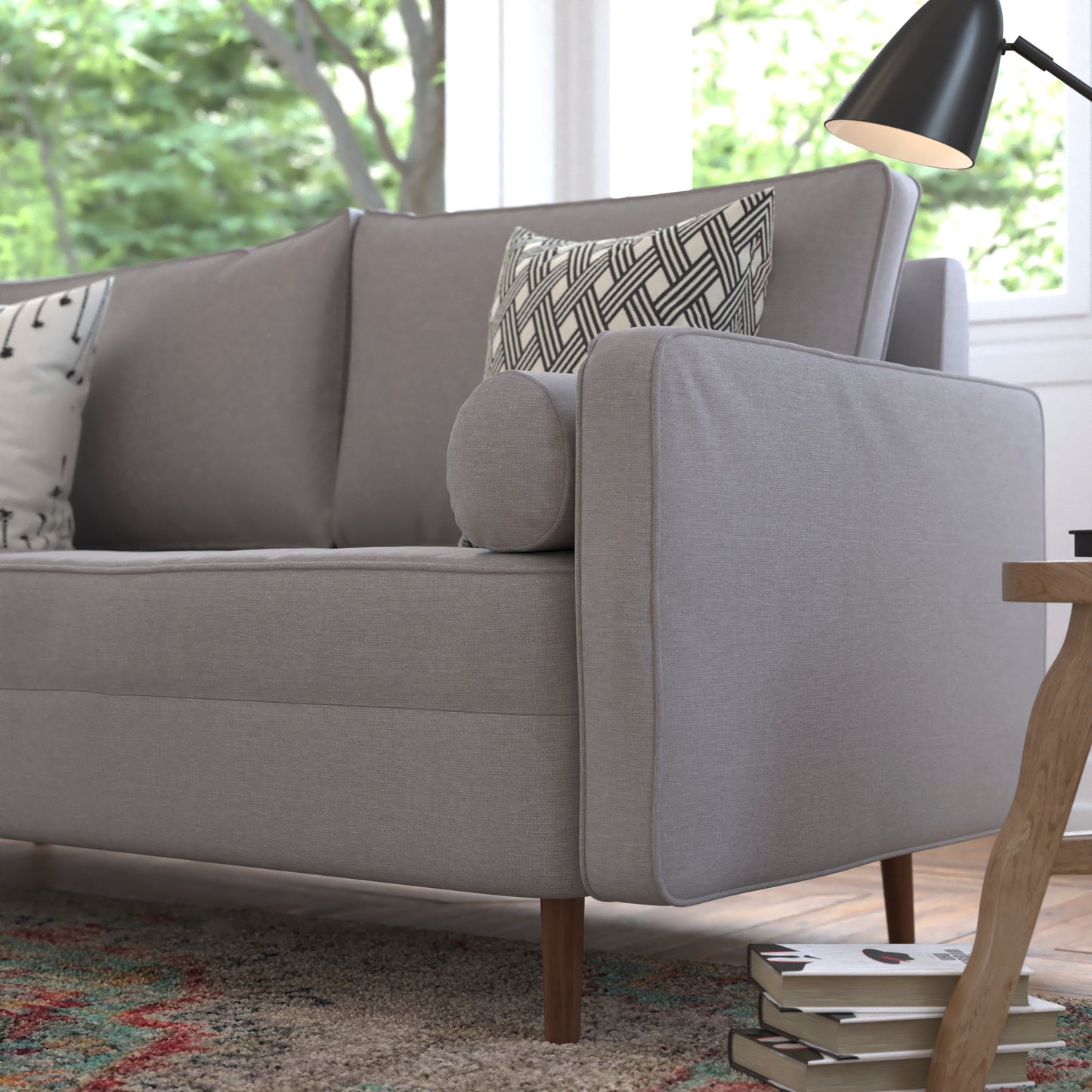 Hudson Mid-Century Modern Sofa with Tufted Faux Linen Upholstery & Solid Wood Legs in Slate Gray Slate Gray