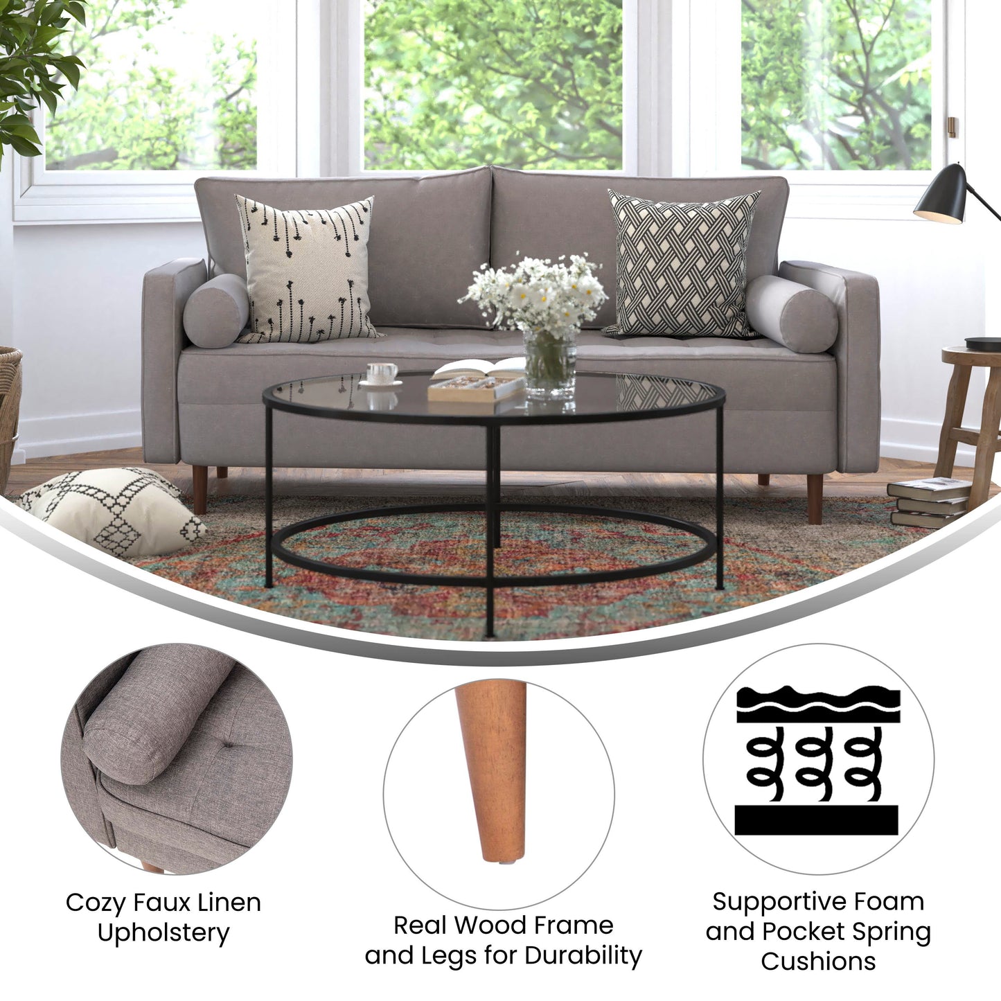 Hudson Mid-Century Modern Sofa with Tufted Faux Linen Upholstery & Solid Wood Legs in Slate Gray Slate Gray